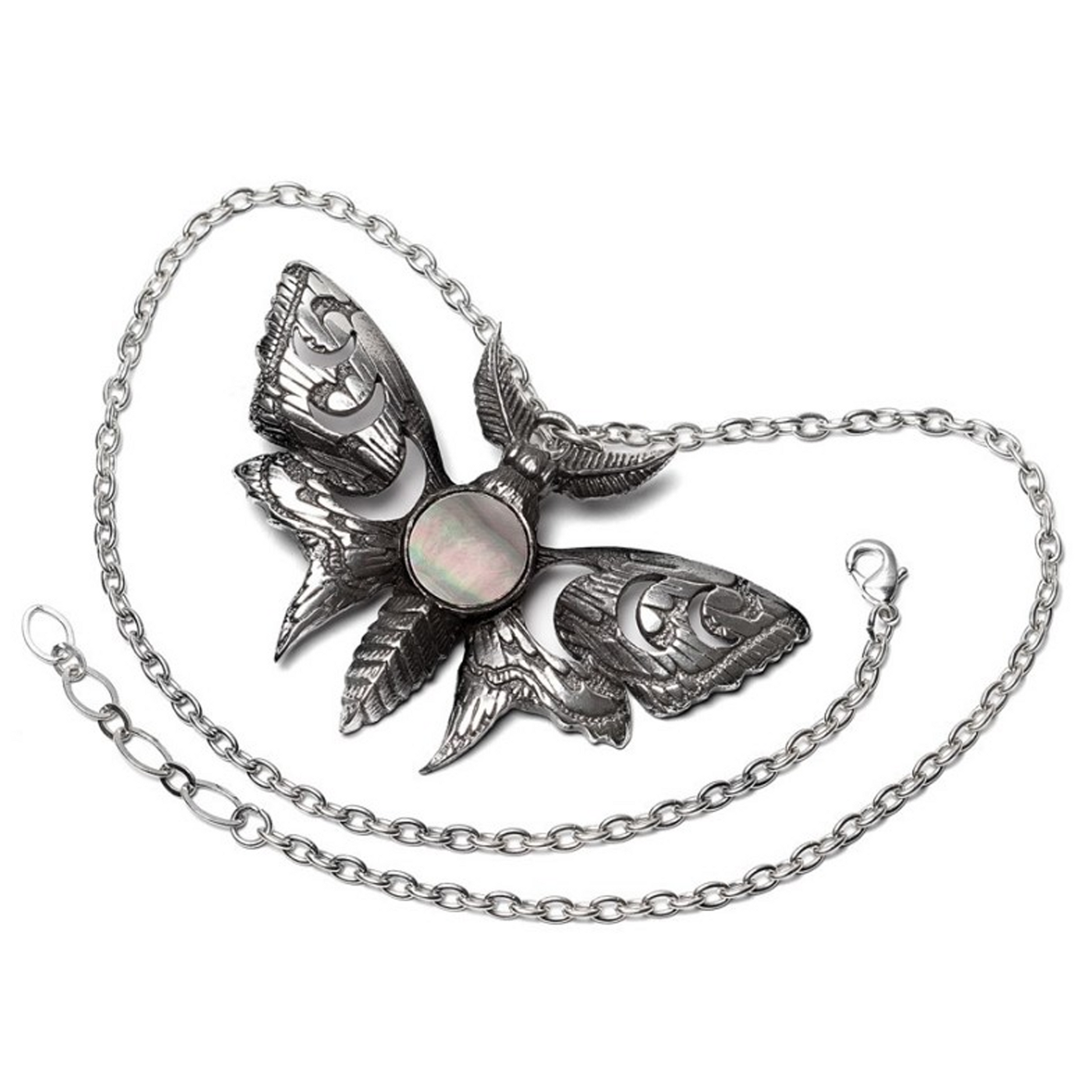 Lunar Moth - Pewter & Mother of Pearl Pendant Necklace and chain on a White Background | Happy Piranha