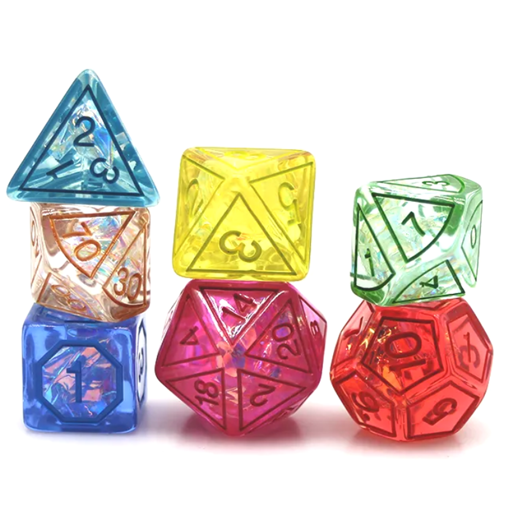 Rainbow Magic Stone Design Glitter Polyhedral Dice Set Stacking in a Tower on a White Background | Happy Piranha