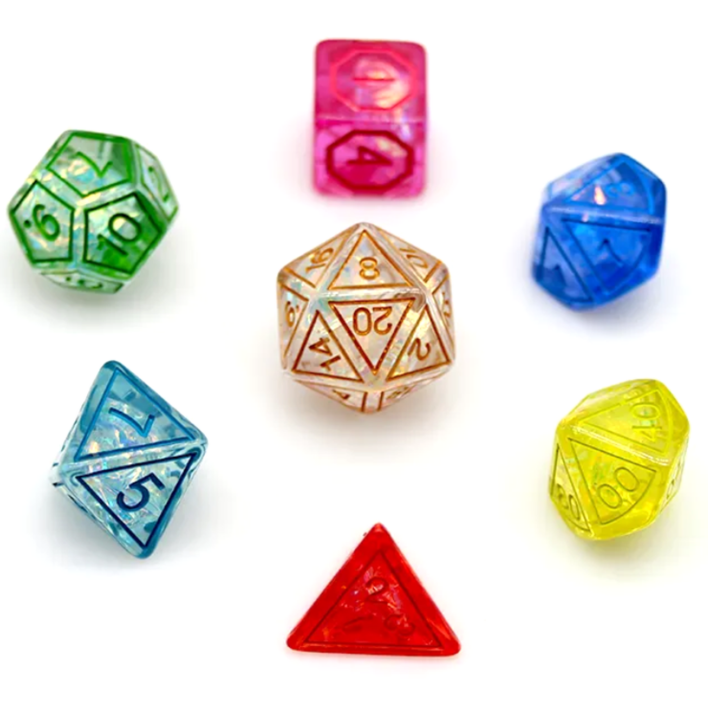 Rainbow Magic Stone Design Glitter Polyhedral Dice Set in a Circle on a White Background | Happy Piranha