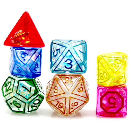Rainbow Magic Stone Design Glitter Polyhedral Dice Set Stacking in a Pile on a White Background | Happy Piranha