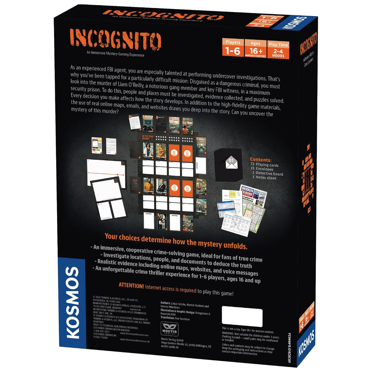 Masters of Crime: Incognito - Immersive Mystery Board Game (Back of Box) On a White Background | Happy Piranha