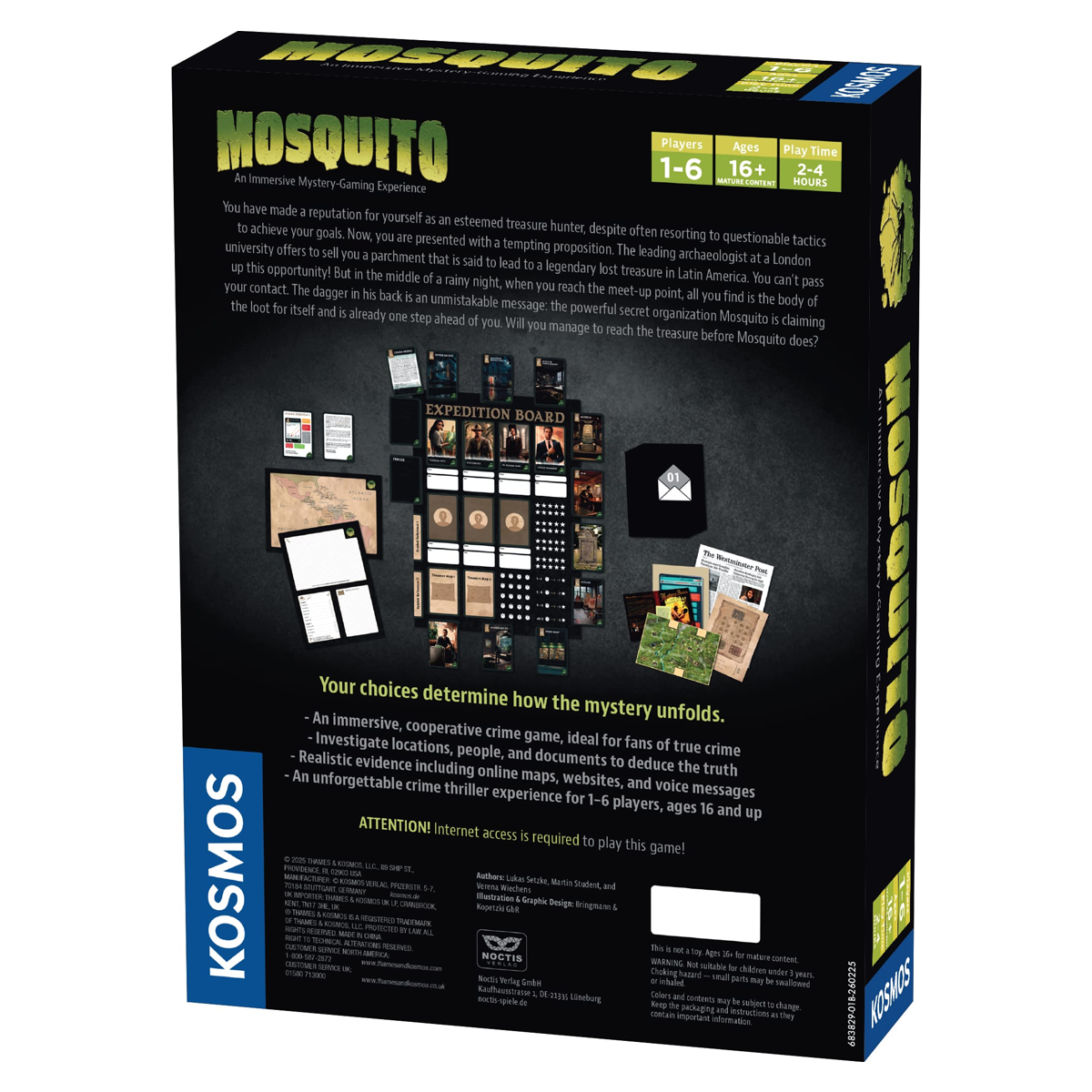 Masters of Crime: Mosquito - Immersive Mystery Board Game (Back of Box) On a White Background | Happy Piranha