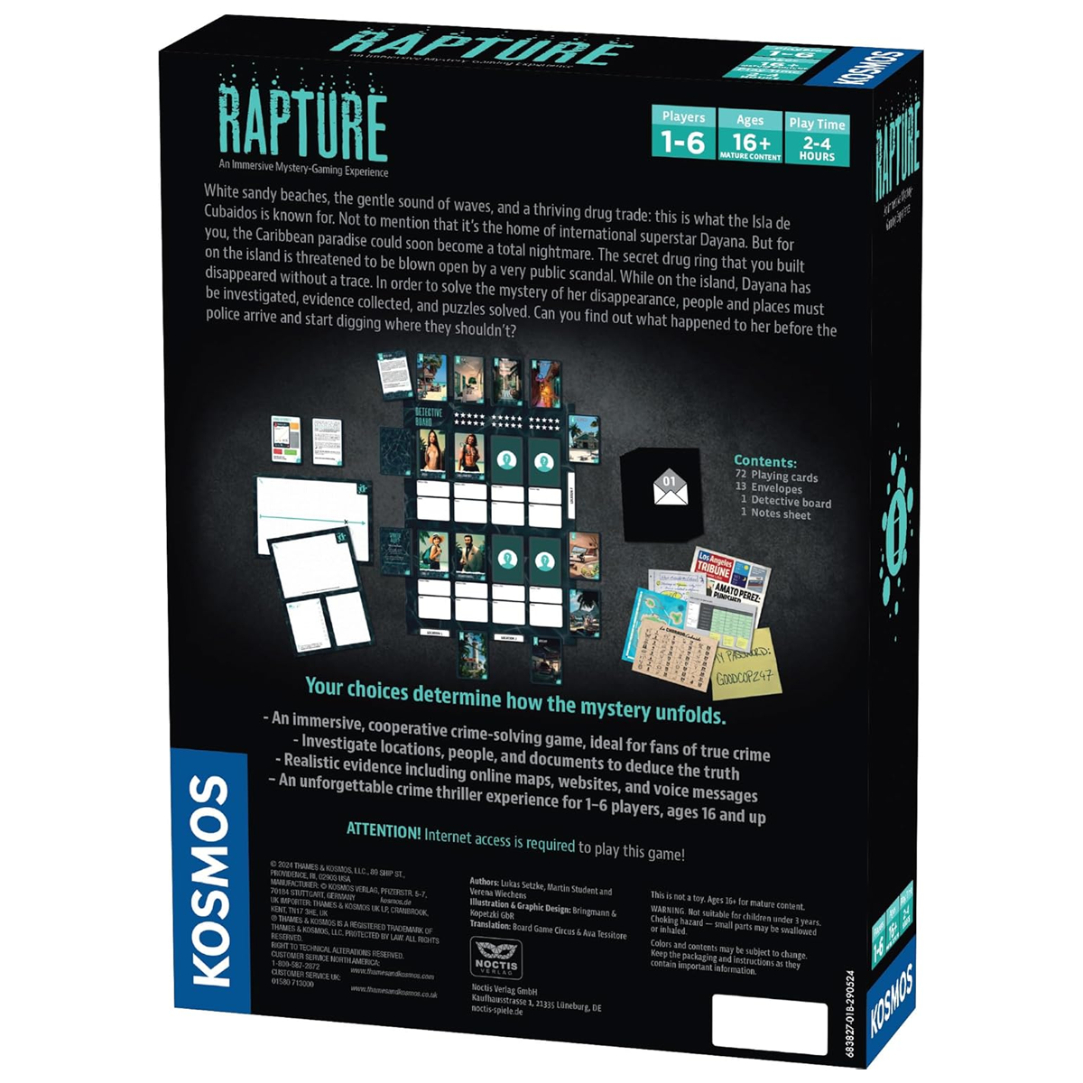 Masters of Crime: Rapture - Immersive Mystery Board Game (Back of Box) on a White Background | Happy Piranha