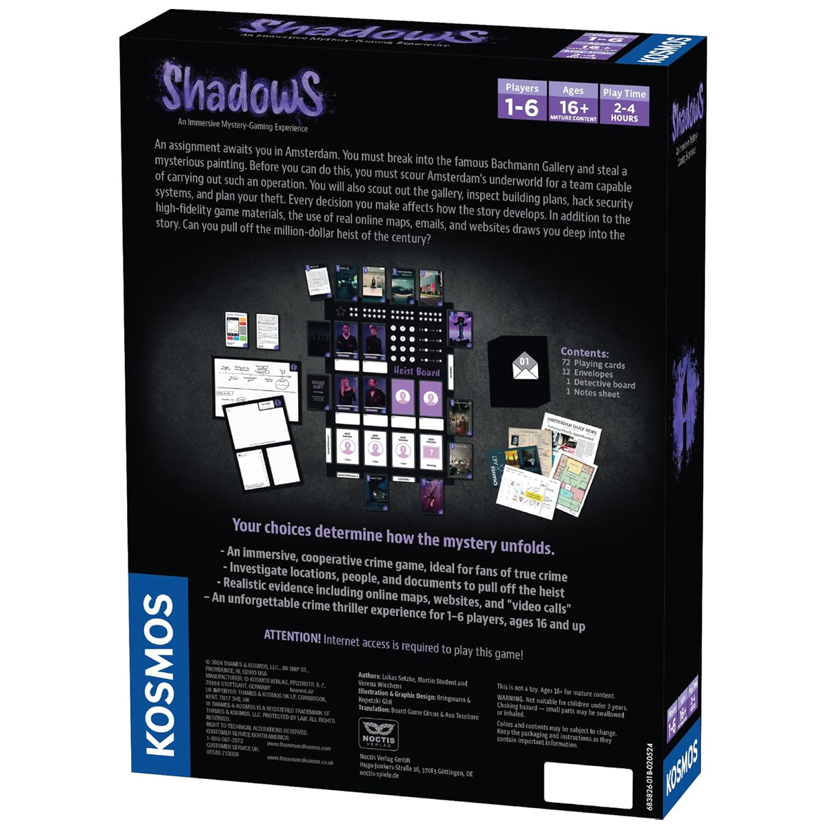 Masters of Crime: Shadows - Immersive Mystery Board Game (Back of Box) On a White Background | Happy Piranha
