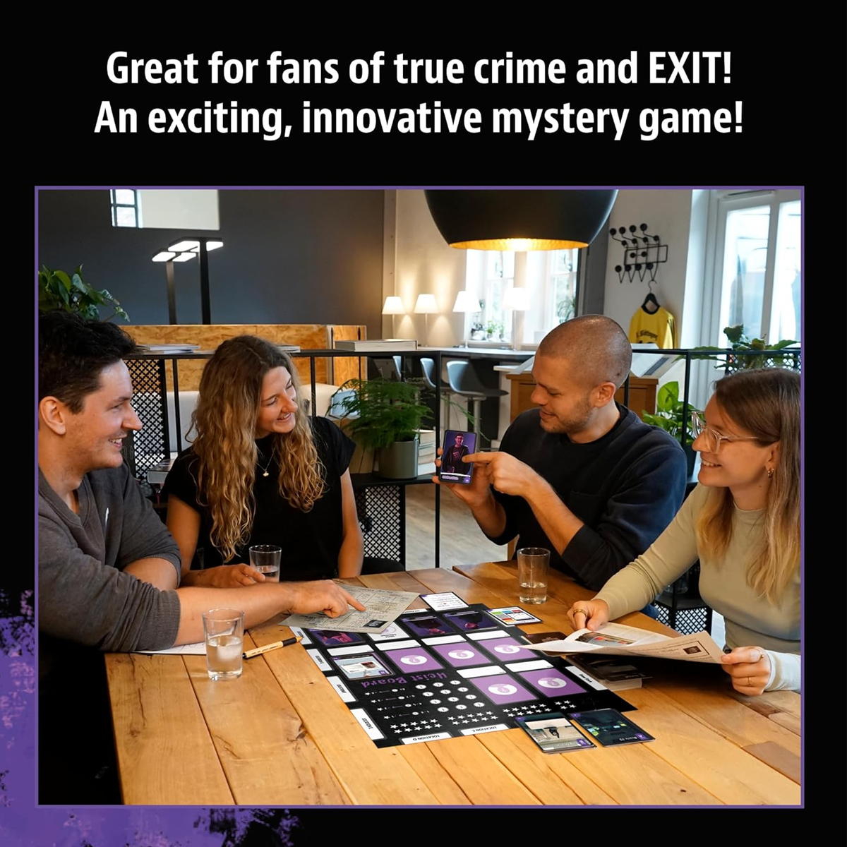 Masters of Crime: Shadows - Immersive Mystery Board Game Being Played by 4 People on a Wooden Table | Happy Piranha