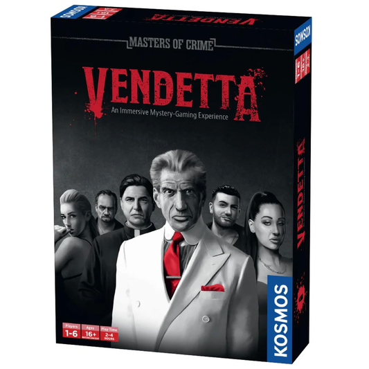 Masters of Crime: Vendetta - Immersive Mystery Board Game on a White Background | Happy Piranha