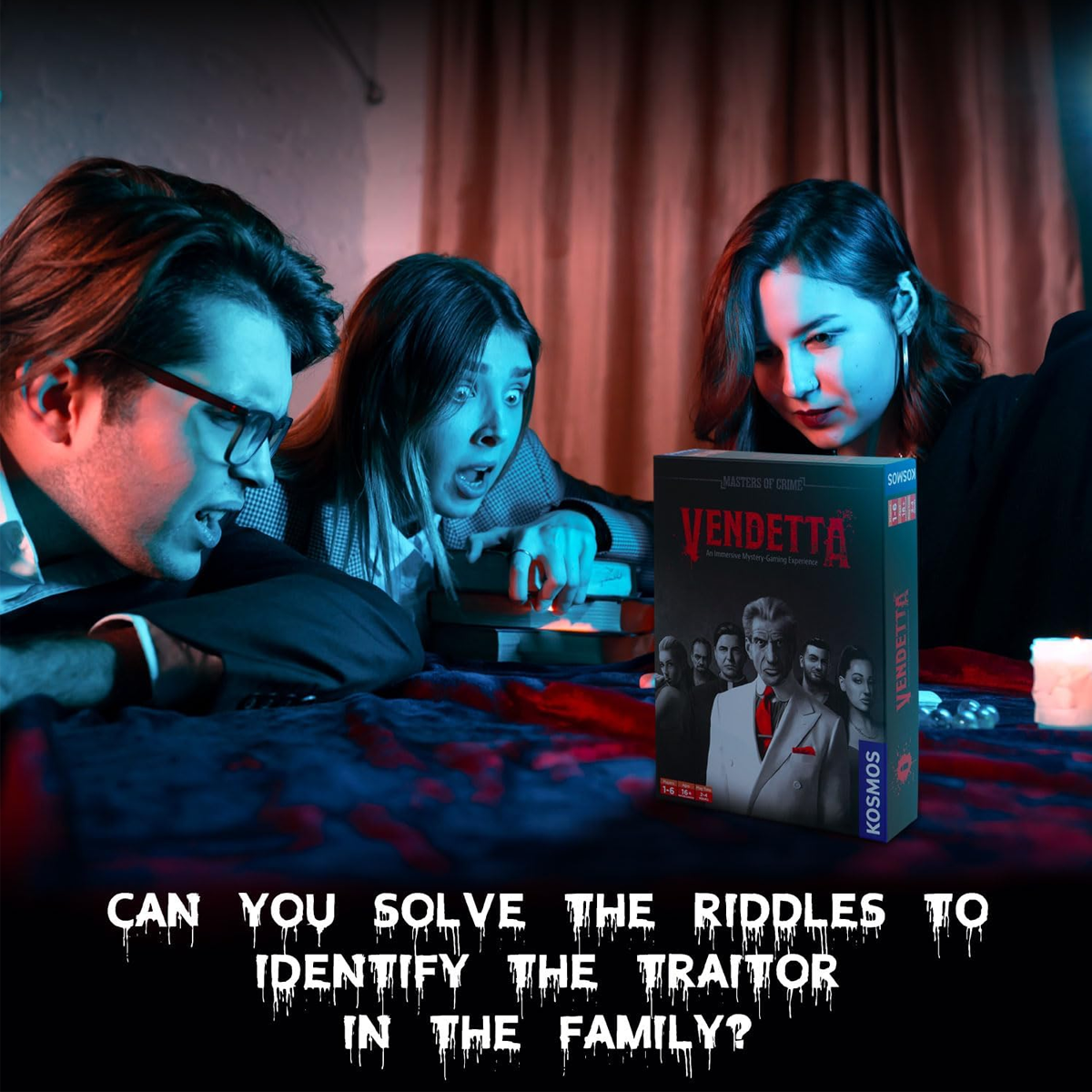 Masters of Crime: Vendetta - Immersive Mystery Board Game on a Table, Surrounded by Intrigued Looking People Under a Dark Blue and Red Light