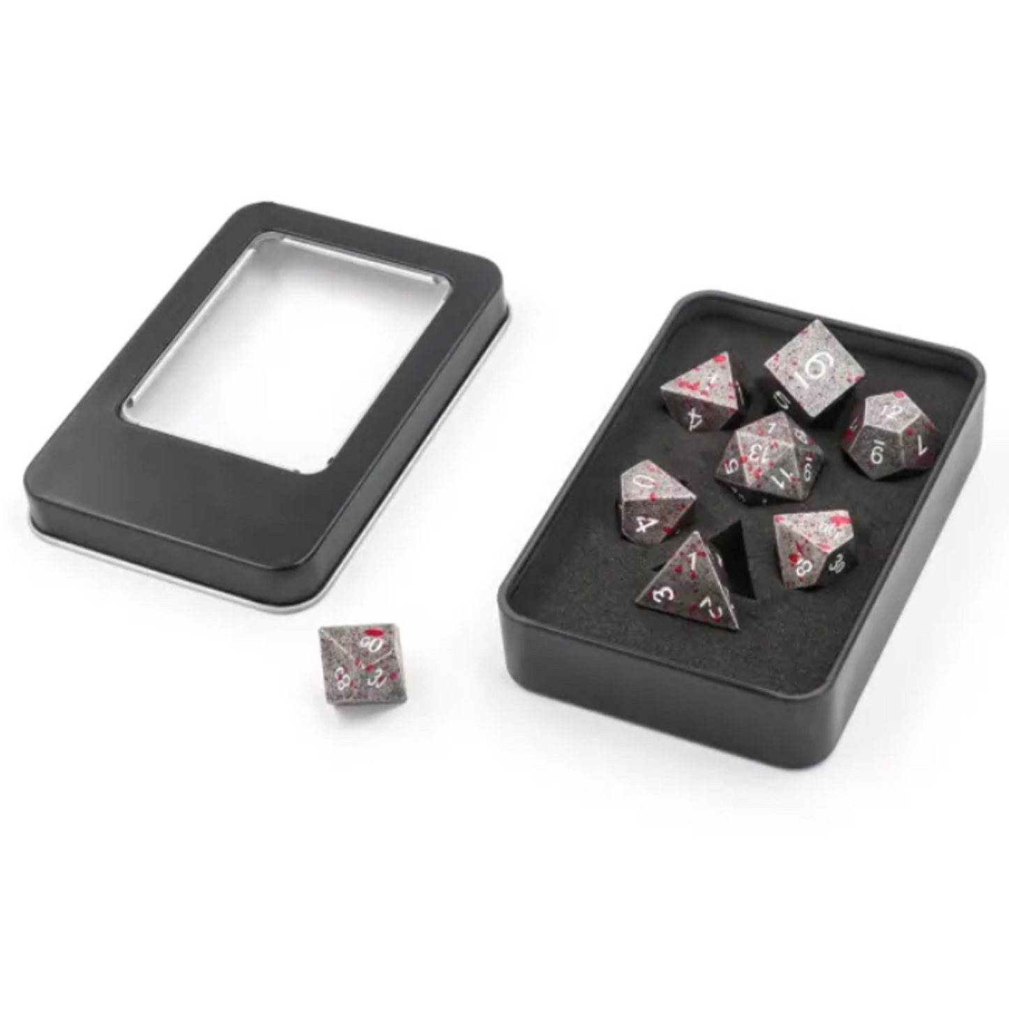 Blood Splatter - Premium Gun Metal Grey Polyhedral D&D Dice Set in a tin | Happy Piranha