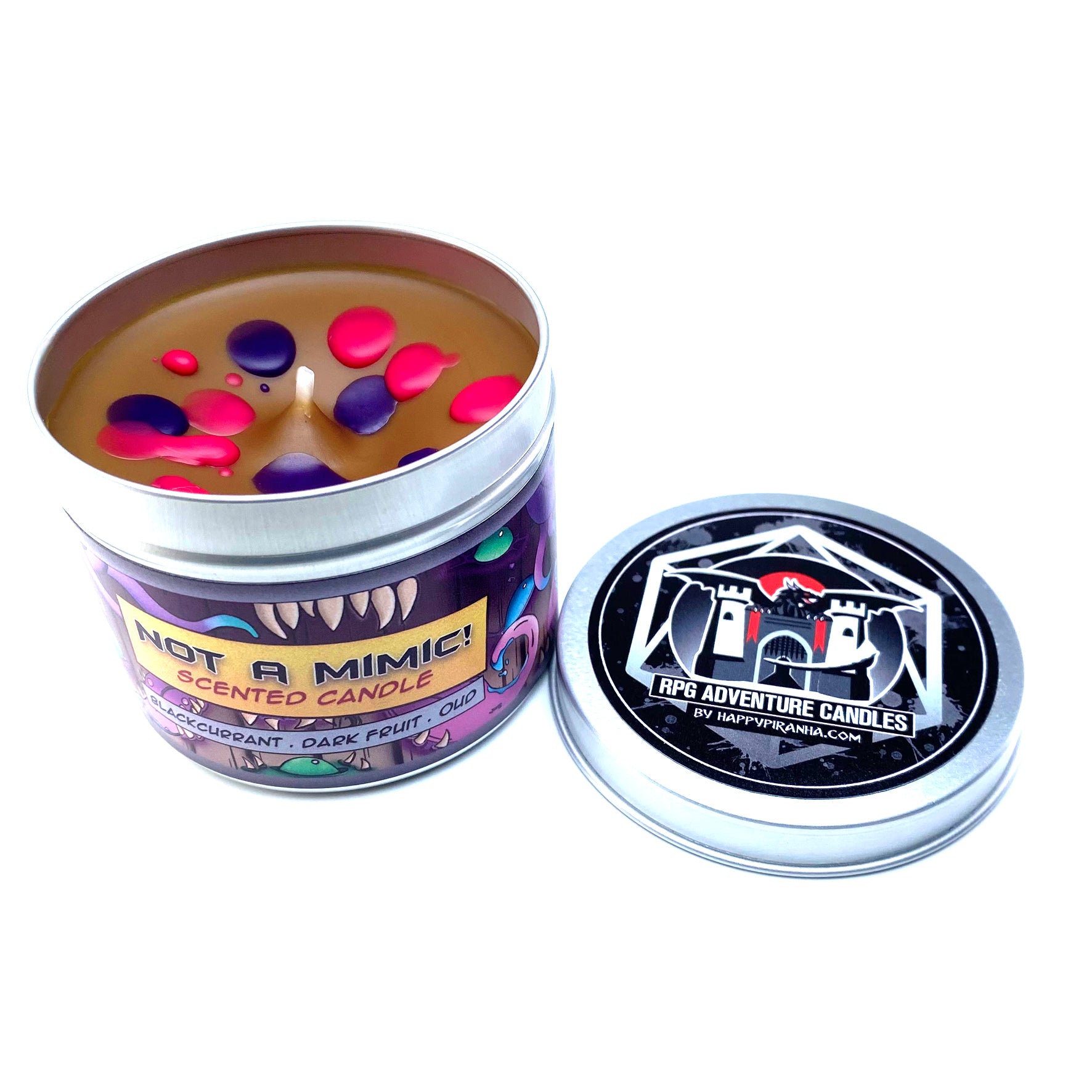 Not a Mimic! Dungeons & Dragons Inspired Scented Candle With its lid Removed, Showing Brown Wax with Pink and Purple Splats | Happy Piranha