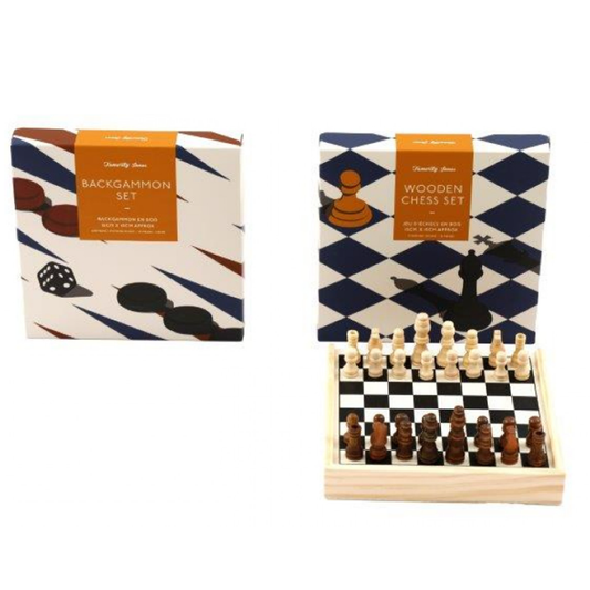 Mini Wooden Chess & Backgammon Travel Sets Side by Side on a White Background | Happy Piranha