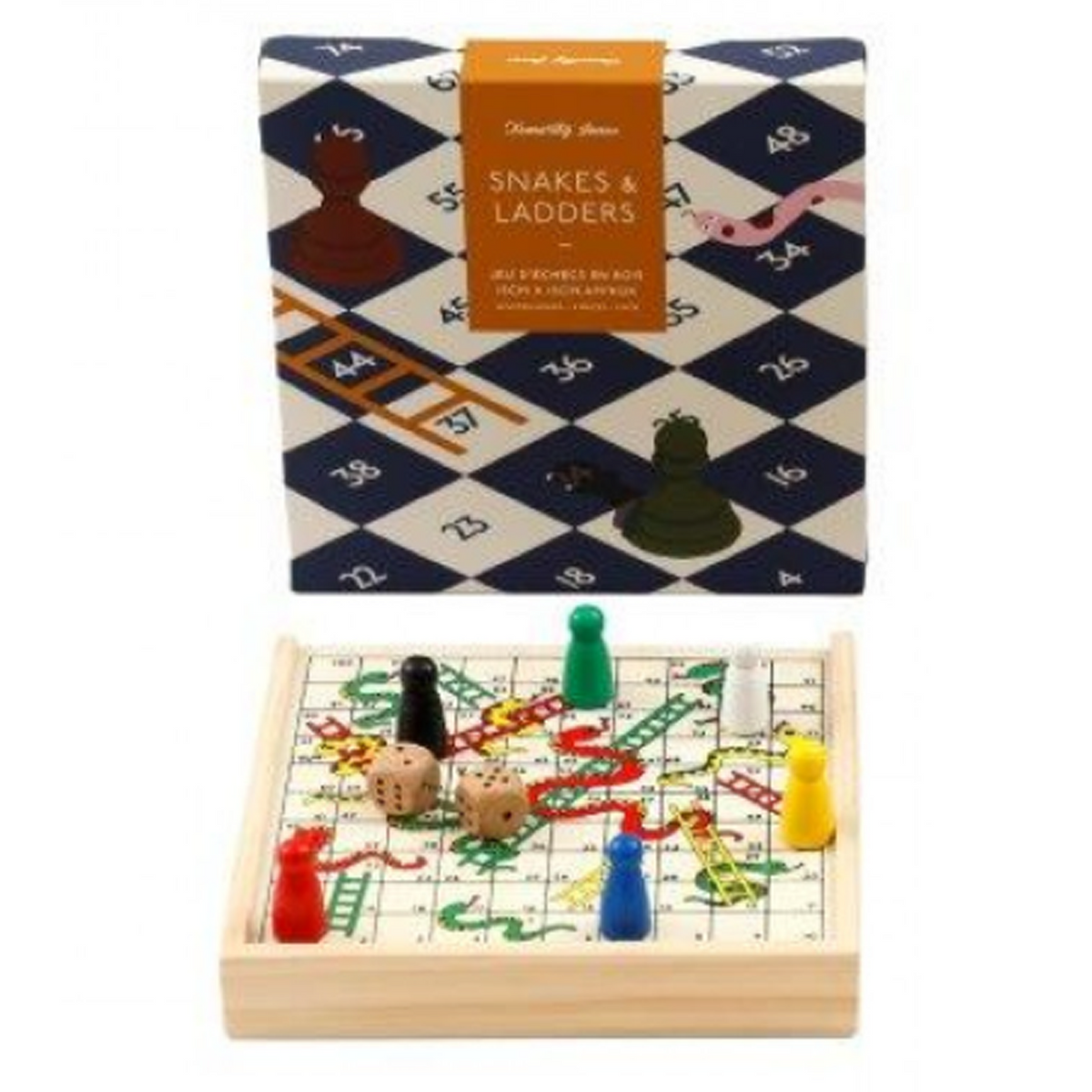 Mini Wooden Ludo & Snakes & Ladders Travel Board Games (Snakes & Ladders) on a White Background | Happy Piranha