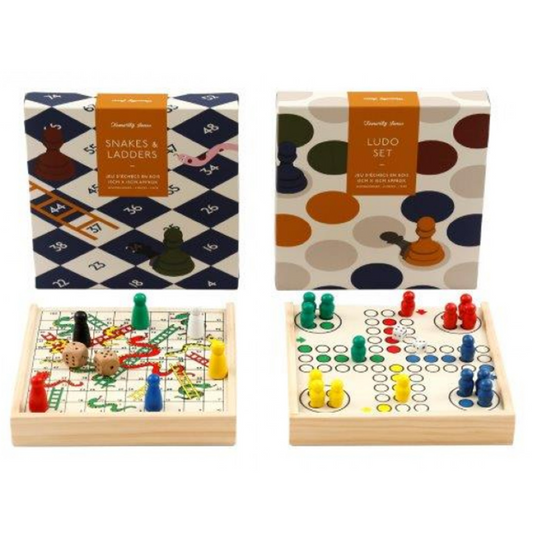 Mini Wooden Ludo & Snakes & Ladders Travel Board Games (Both Games Side by Side) on a White Background | Happy Piranha
