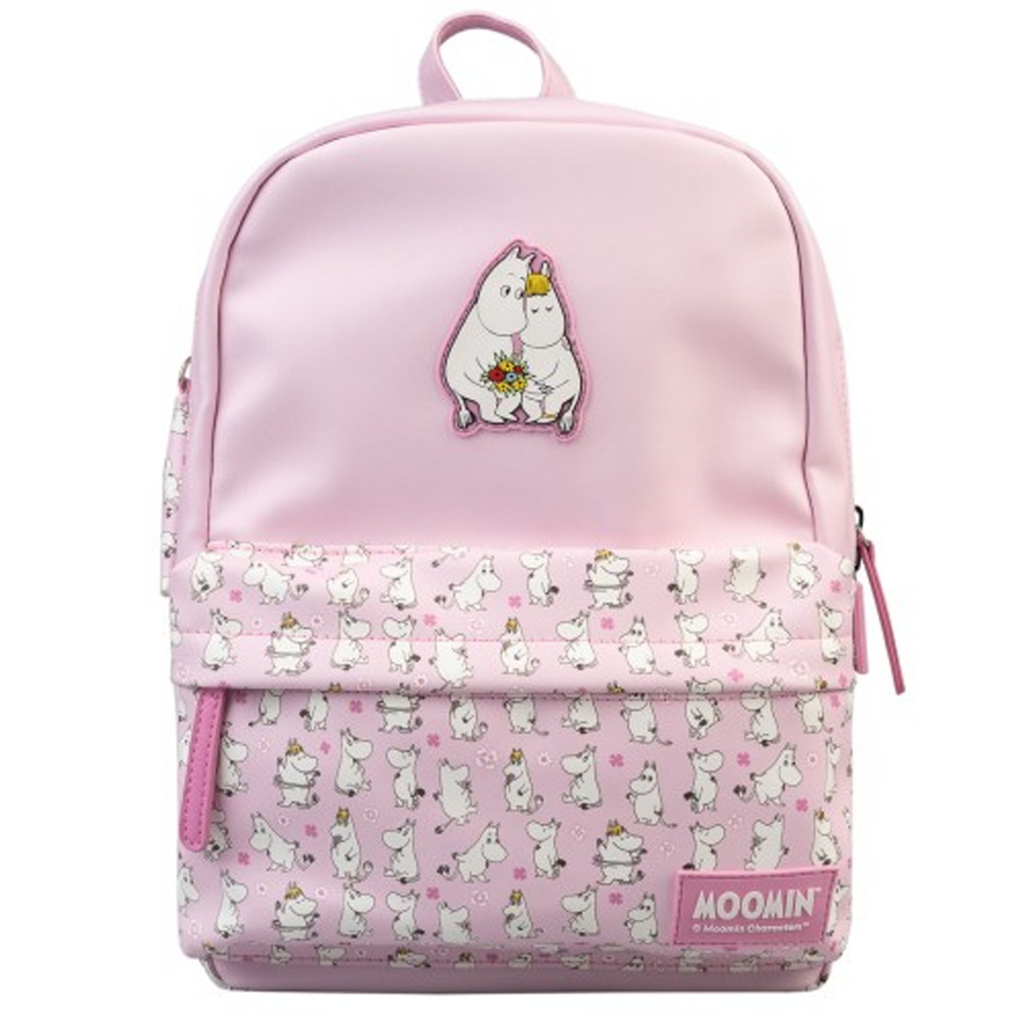 Moomin Backpack: Pink Finn Family Moomin Troll Bag (Front) On a White Background | Happy Piranha