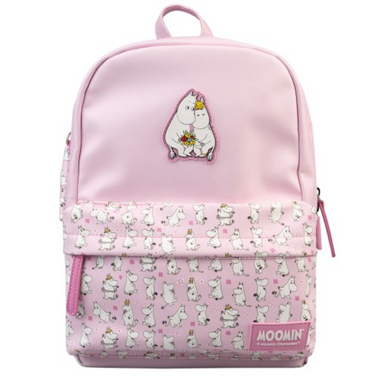Moomin Backpack: Pink Finn Family Moomin Troll Bag (Front) On a White Background | Happy Piranha