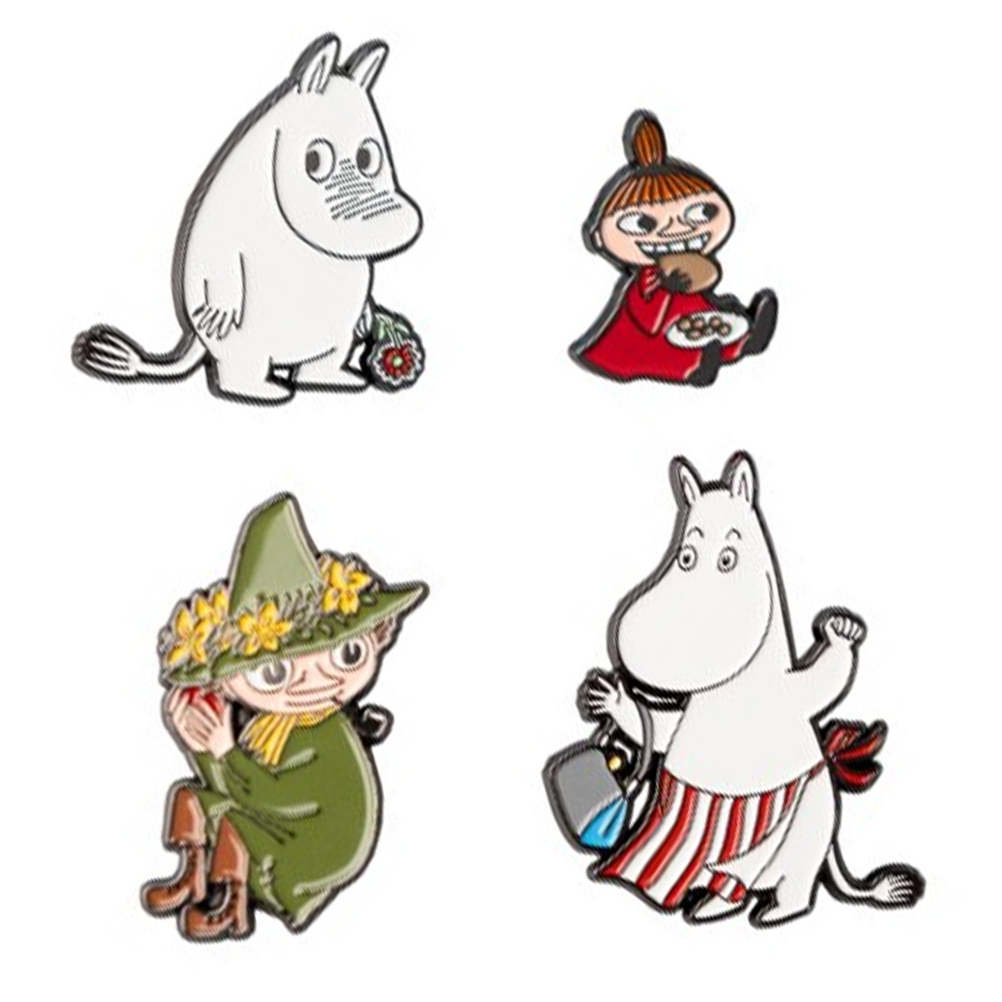 Moomins Enamelled Pin Badge 4 Box Set (Unboxed) on a White Background | Happy Piranha