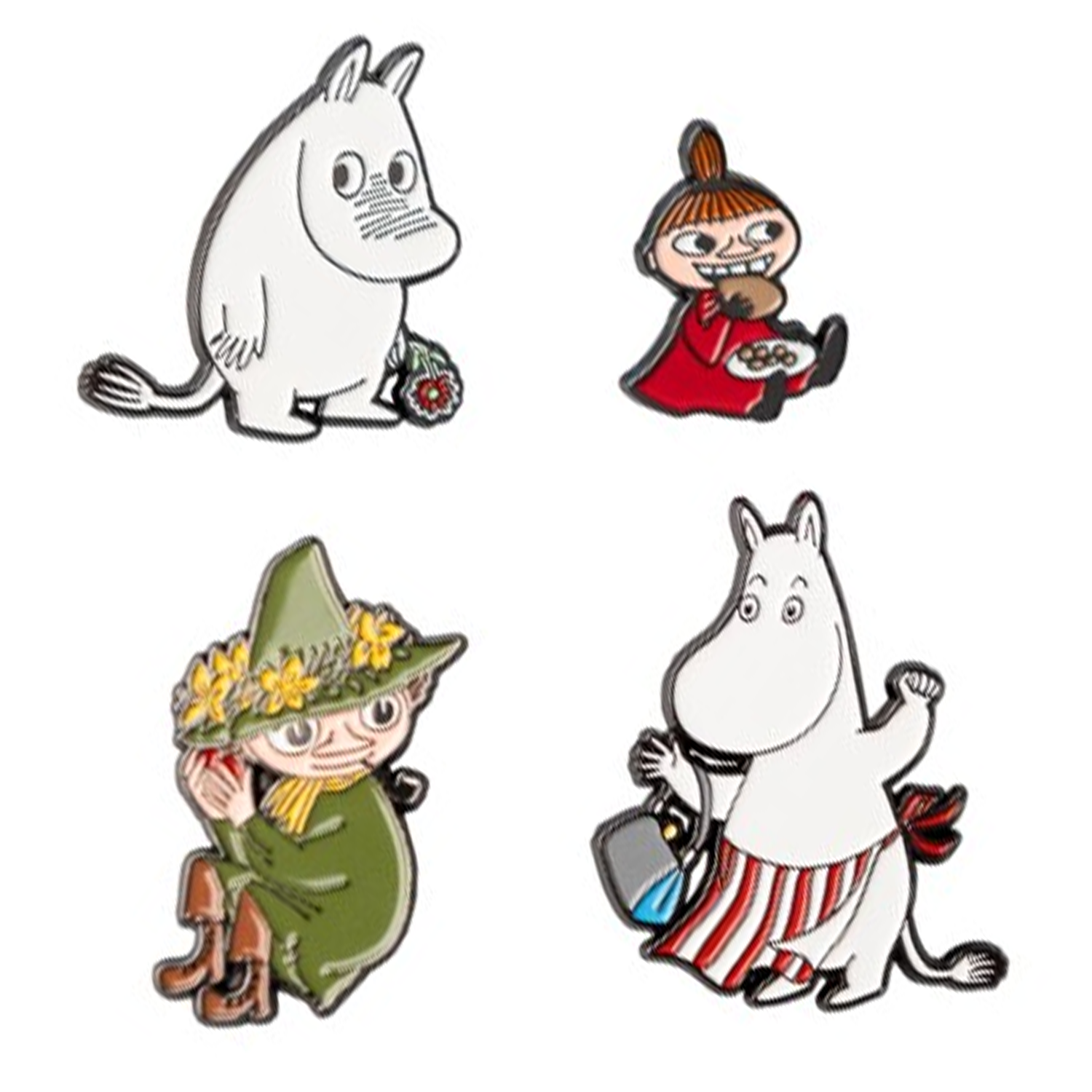 Moomins Enamelled Pin Badge 4 Box Set (Unboxed) on a White Background | Happy Piranha