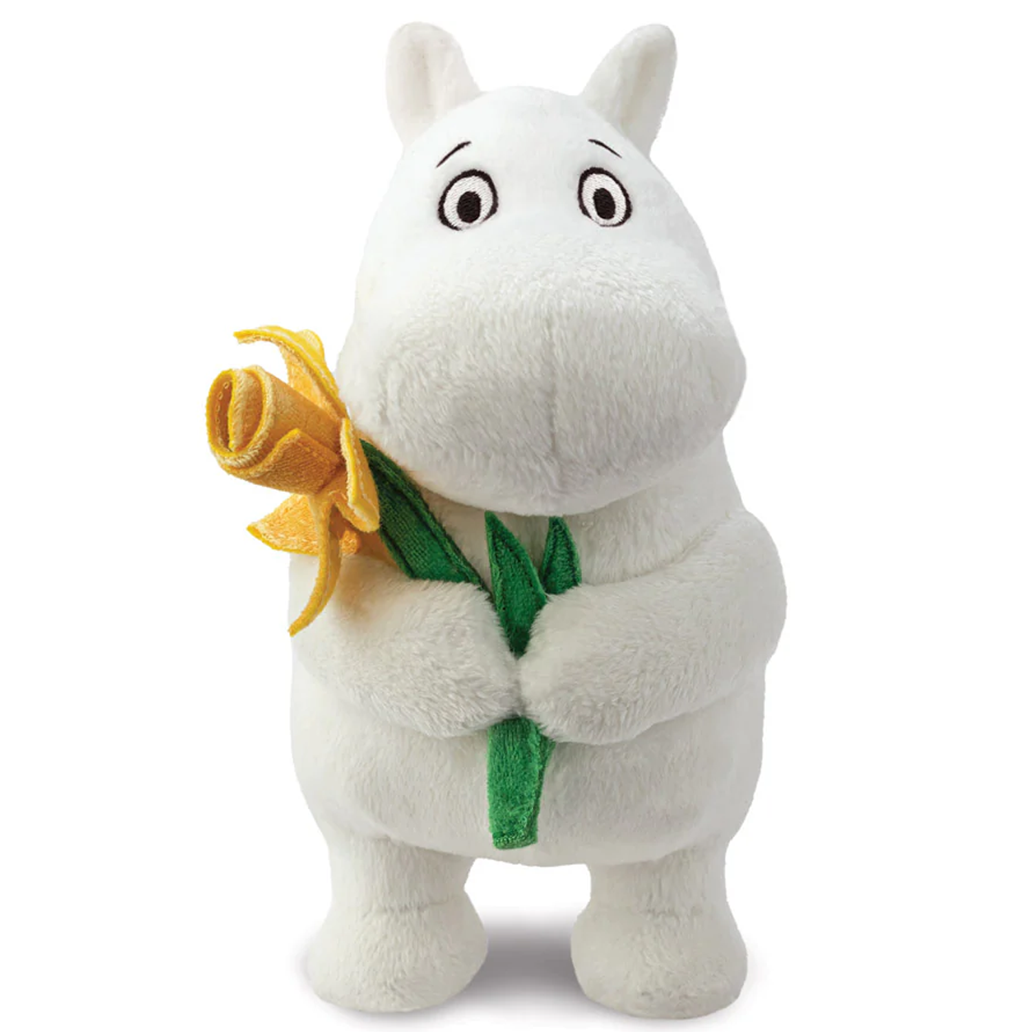 Standing Moomin Holding a Daffodil Flower Plushie Soft Toy (Front) On a White Background | Happy Piranha