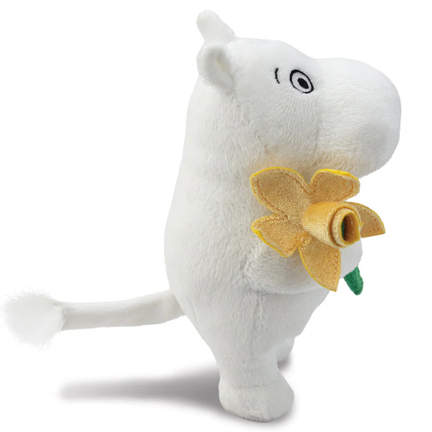 Standing Moomin Holding a Daffodil Flower Plushie Soft Toy (Side) On a White Background | Happy Piranha