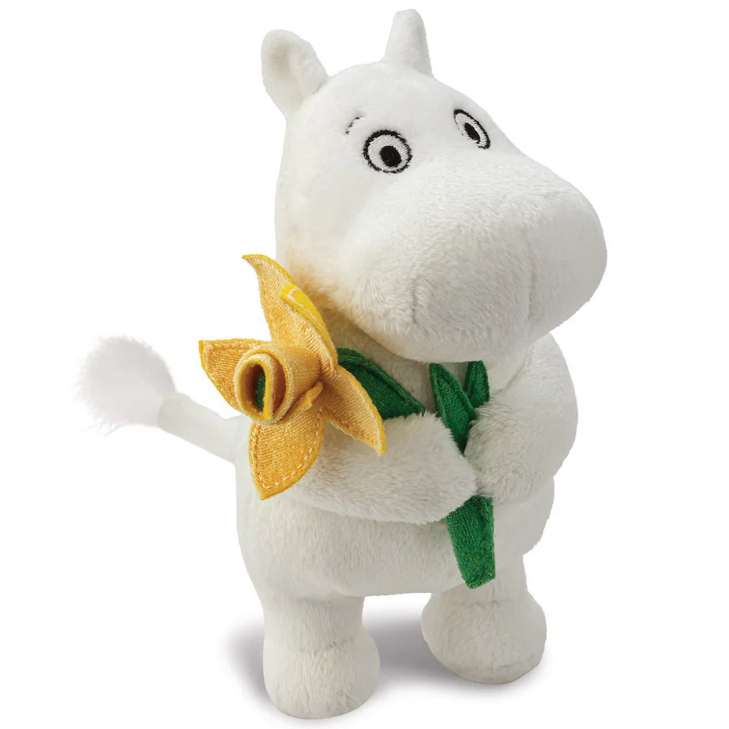 Standing Moomin Holding a Daffodil Flower Plushie Soft Toy (Side On) On a White Background | Happy Piranha