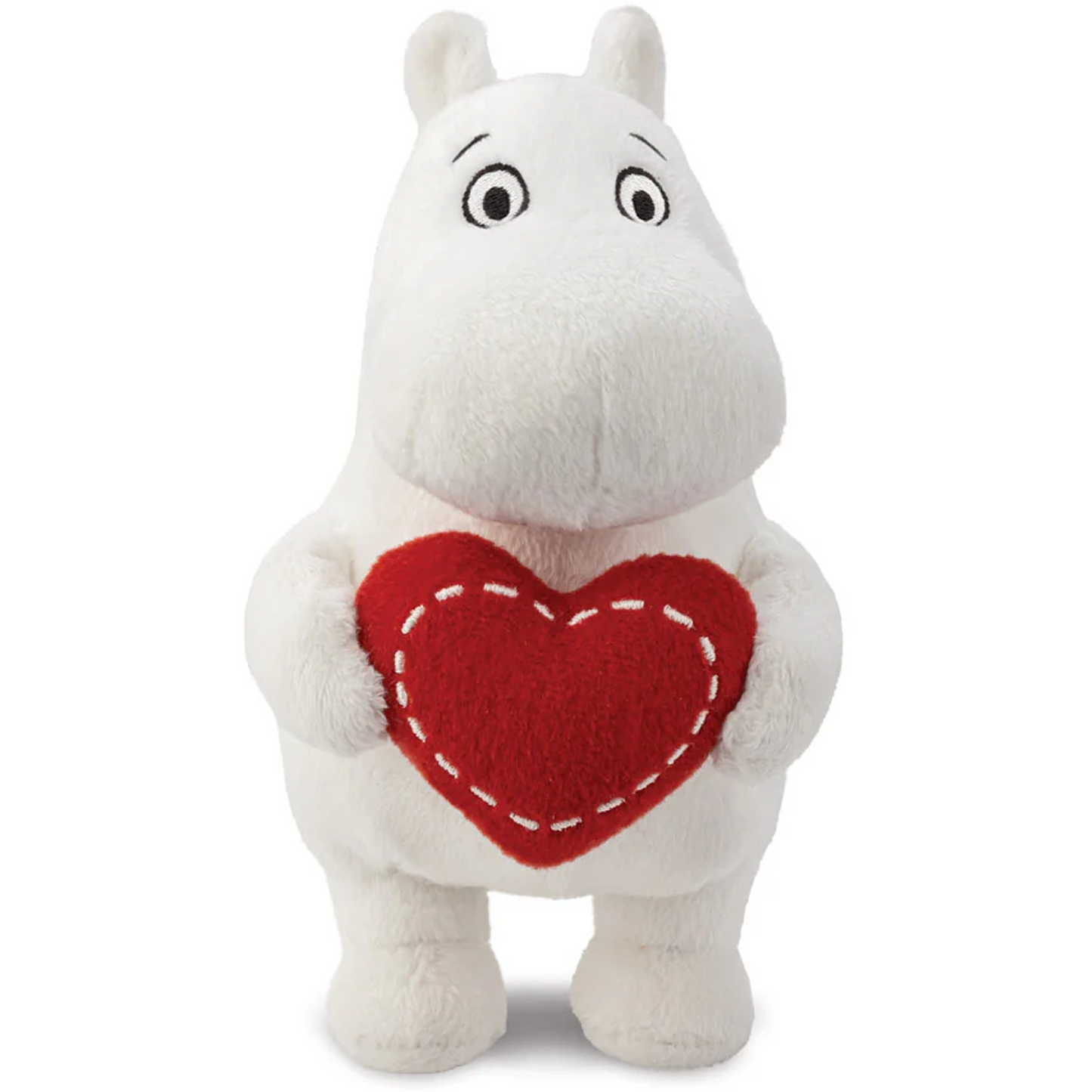Standing Moomin Holding a Love Heart Plushie Soft Toy (Front) on a White Background | Happy Piranha