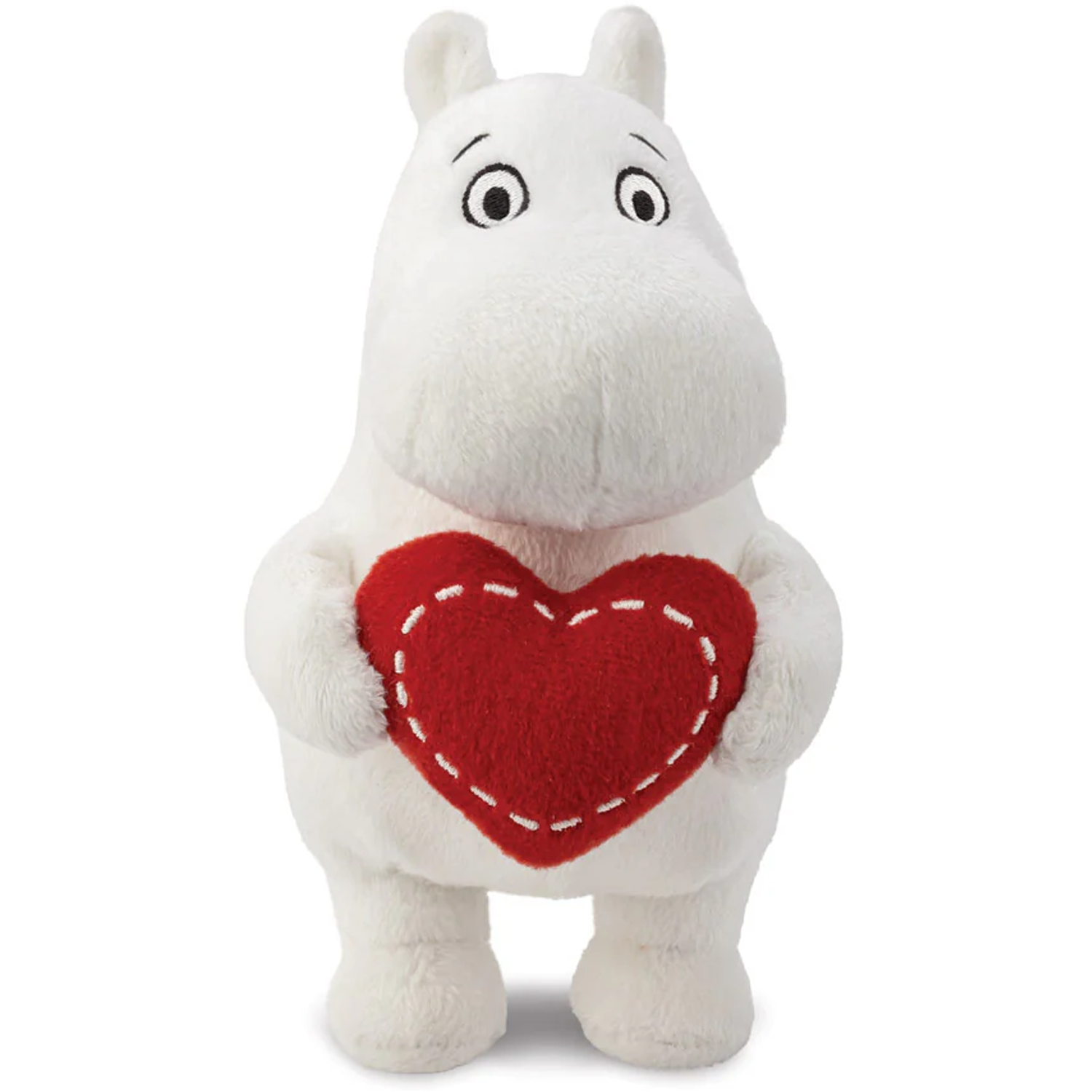 Standing Moomin Holding a Love Heart Plushie Soft Toy (Front) on a White Background | Happy Piranha