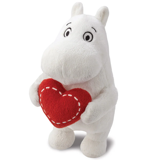 Standing Moomin Holding a Love Heart Plushie Soft Toy (Side) on a White Background | Happy Piranha
