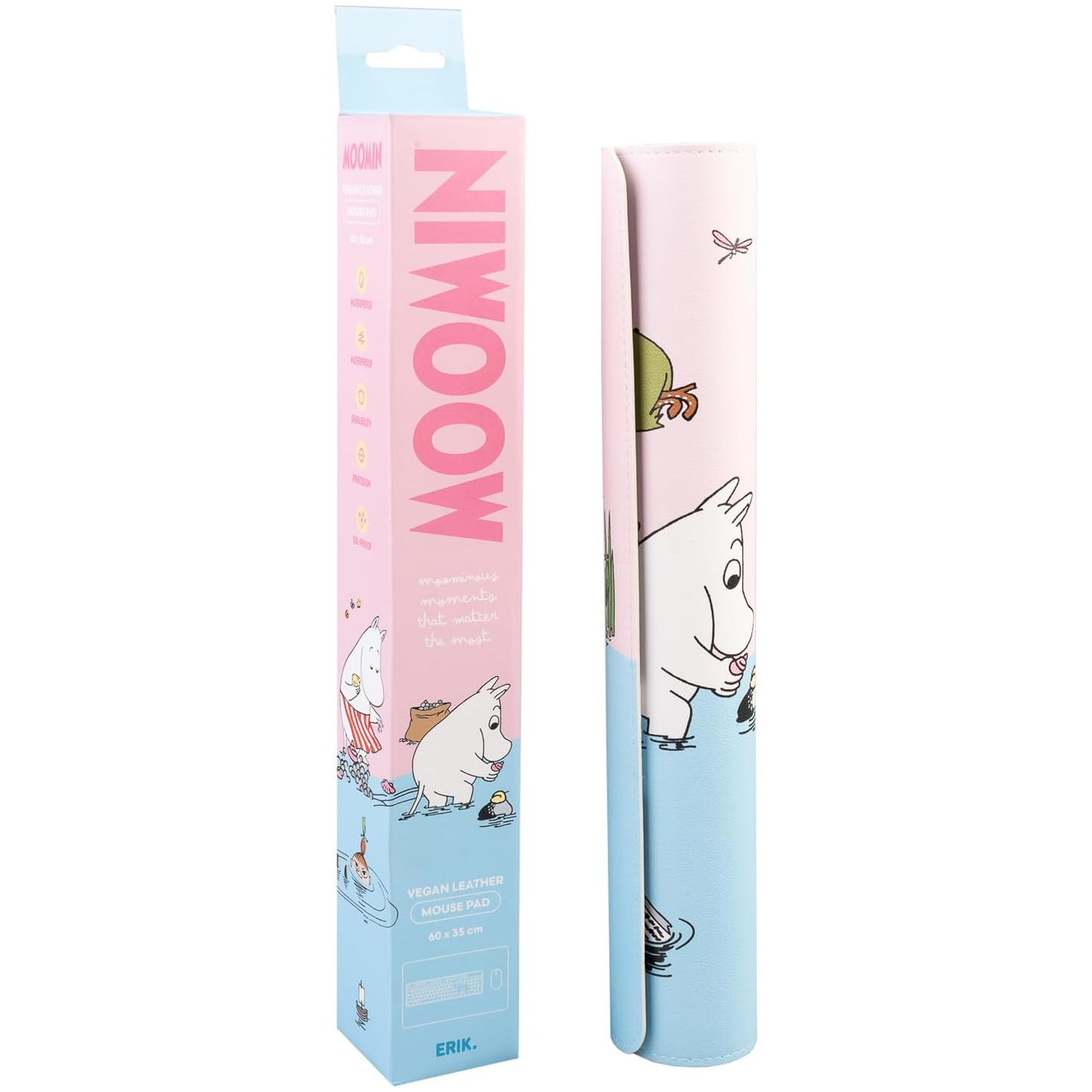 Moomins XL 60 x 35cm Gaming Mouse Pad & Keyboard Mat next to its Box | Happy Piranha