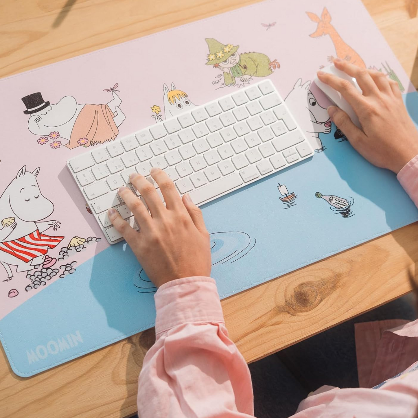 Moomins XL 60 x 35cm Gaming Mouse Pad & Keyboard Mat Being used by a Person with a Mouse and Keyboard on it | Happy Piranha
