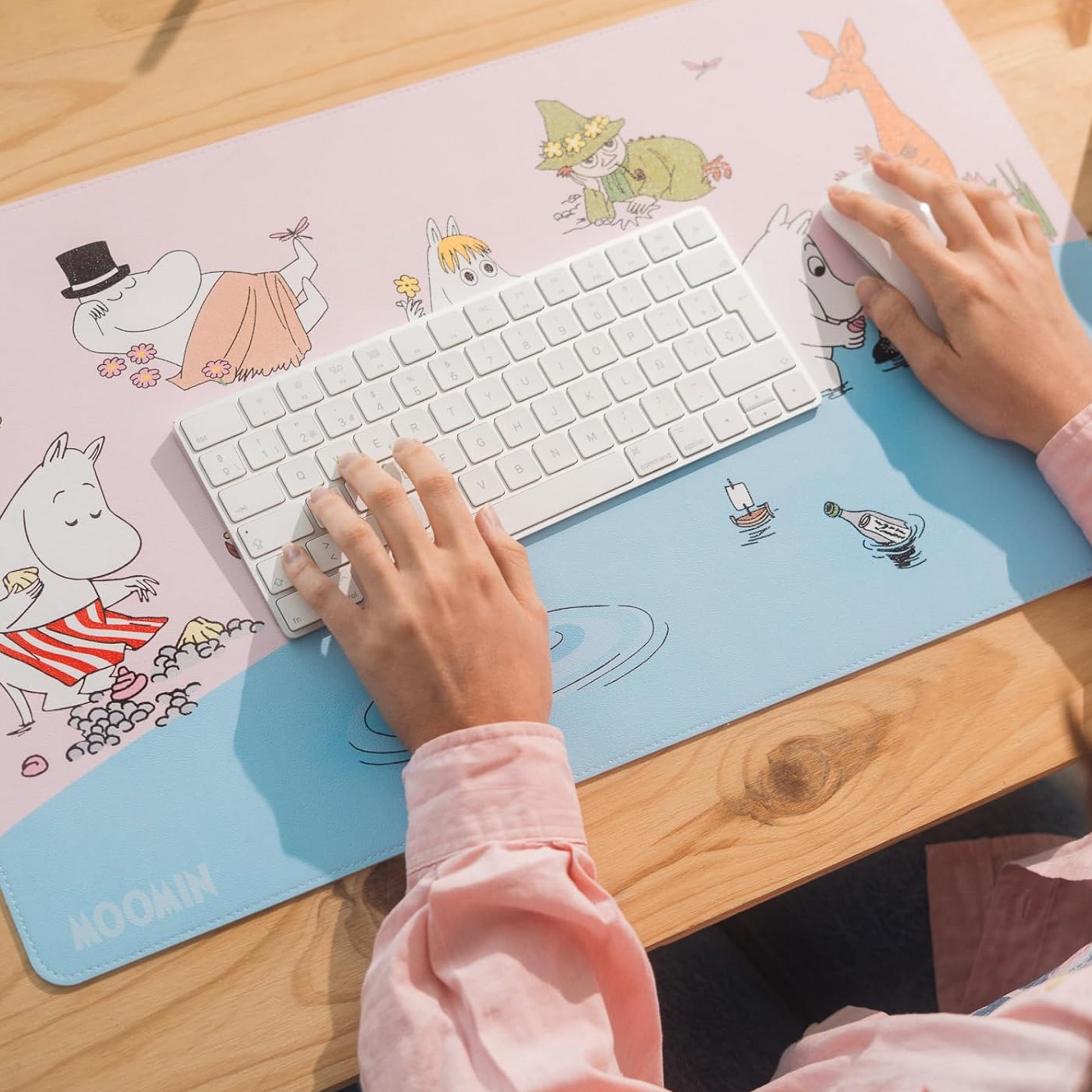 Moomins XL 60 x 35cm Gaming Mouse Pad & Keyboard Mat Being used by a Person with a Mouse and Keyboard on it | Happy Piranha