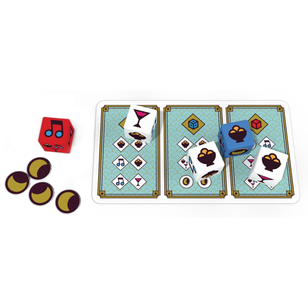 Moonshine Board Game (Card and Dice Examples) On a White Background | Happy Piranha
