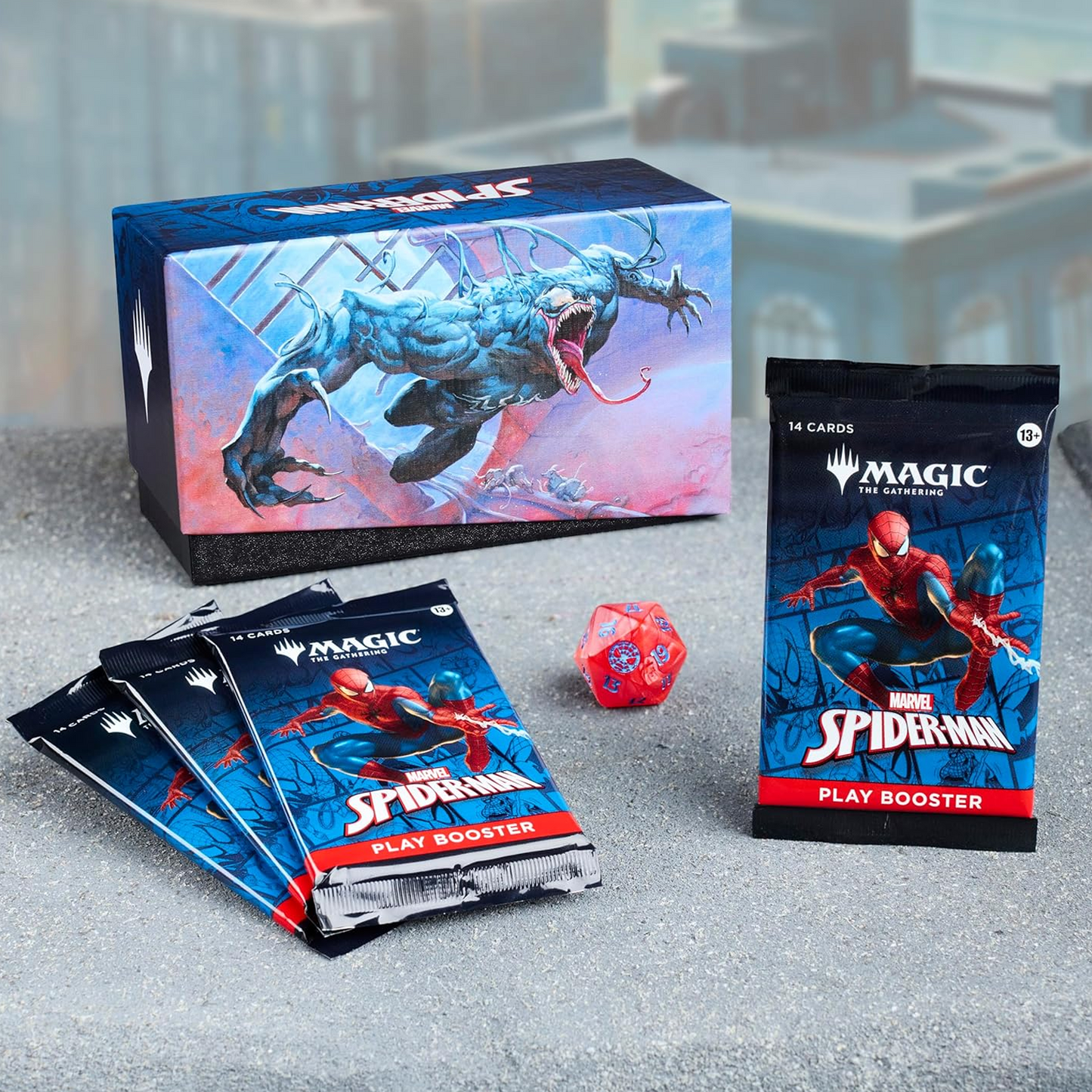 Magic the Gathering: Marvel Spiderman Bundle Box, Dice and Booster Packs on a Grey Background | Happy Piranha