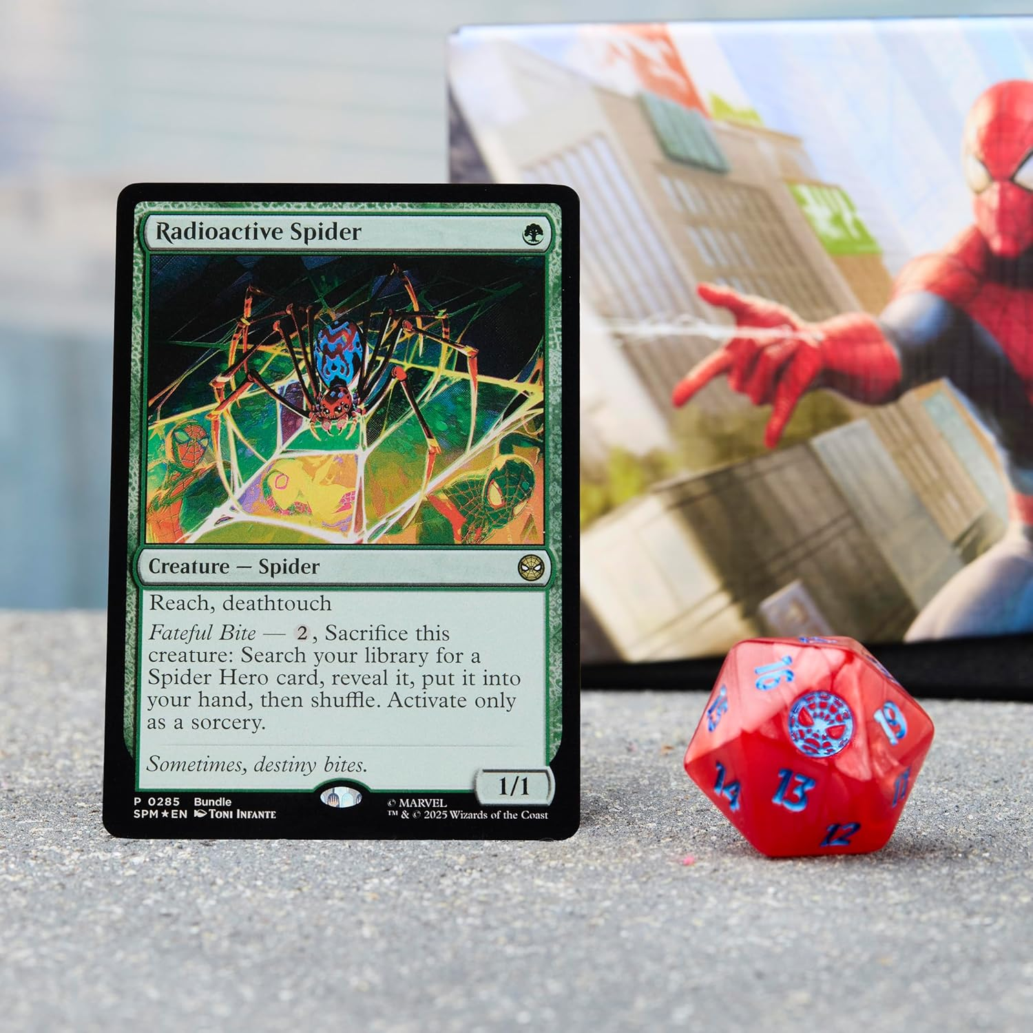 Magic the Gathering: Marvel Spiderman Bundle Promo Card and Dice on a Spiderman Background | Happy Piranha