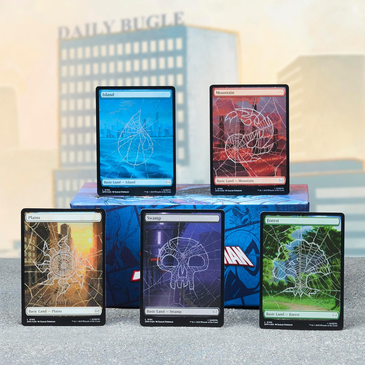 Magic the Gathering: Marvel Spiderman Bundle Land Card Examples on a Cityscape Background | Happy Piranha