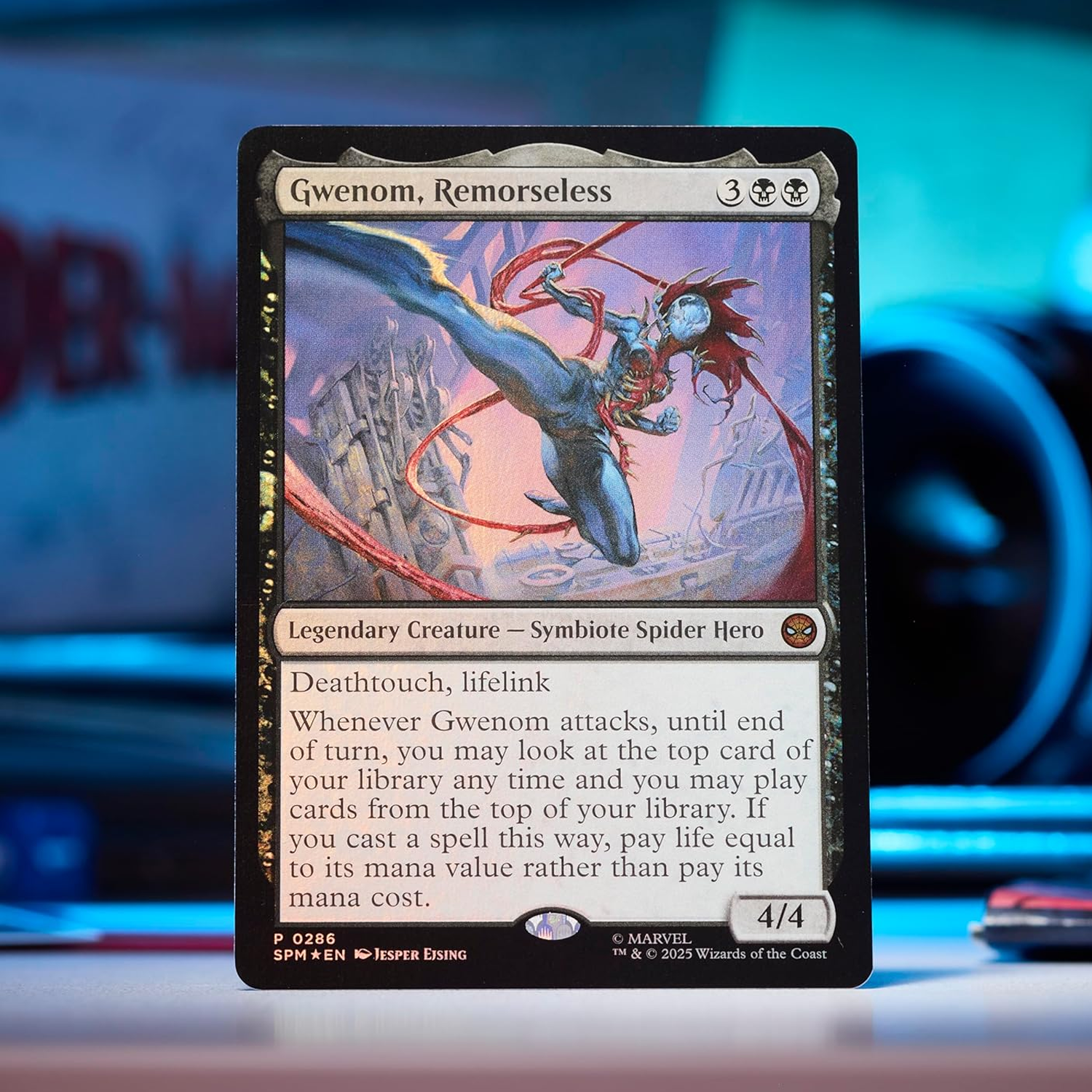 Magic the Gathering: Marvel Spiderman Collector's Gift Bundle Gwenom Promo Card on a Dark Background | Happy Piranha