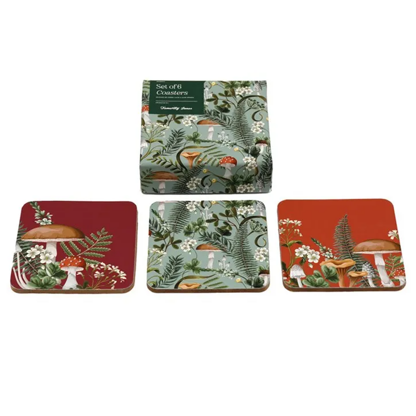 Mushroom Forest Design Cork Coaster 6 Set (Box and one of each Coaster Design) | Happy Piranha