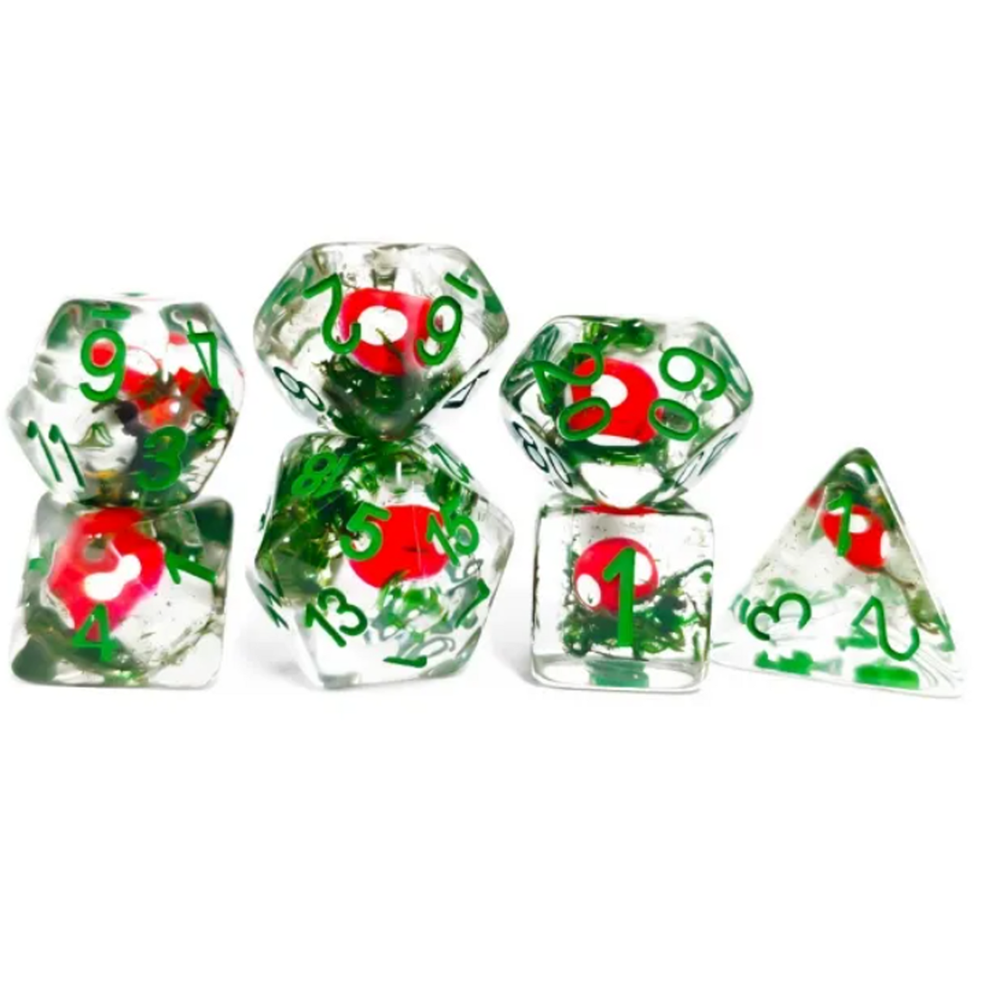 Red Toadstool Dice - Mini Mushroom Filled Polyhedral Dice Set Stacked in a Pile on a White Background | Happy Piranha