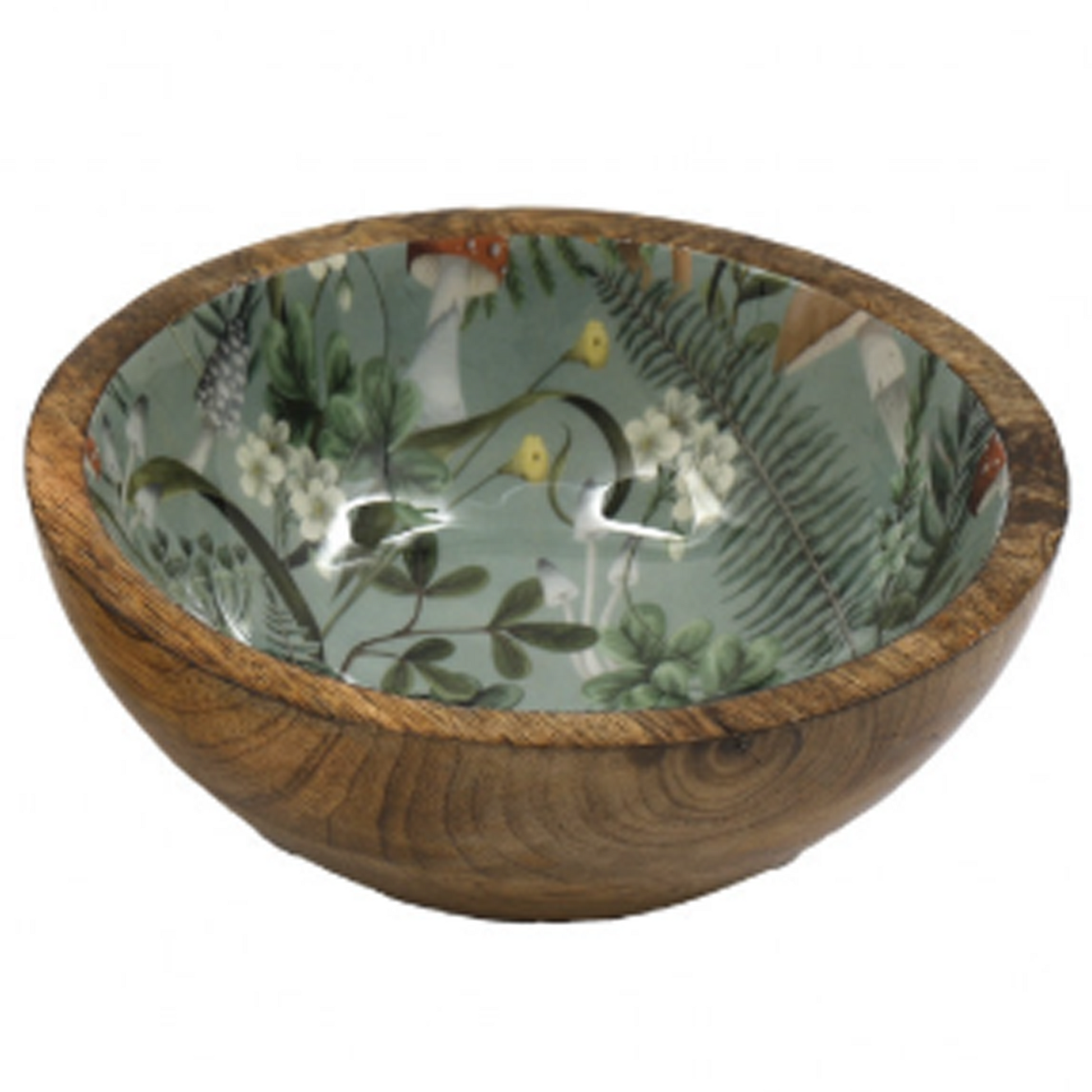 Mushroom Forest Design Enamelled Wooden Bowl (18cm) (Green) | Happy Piranha