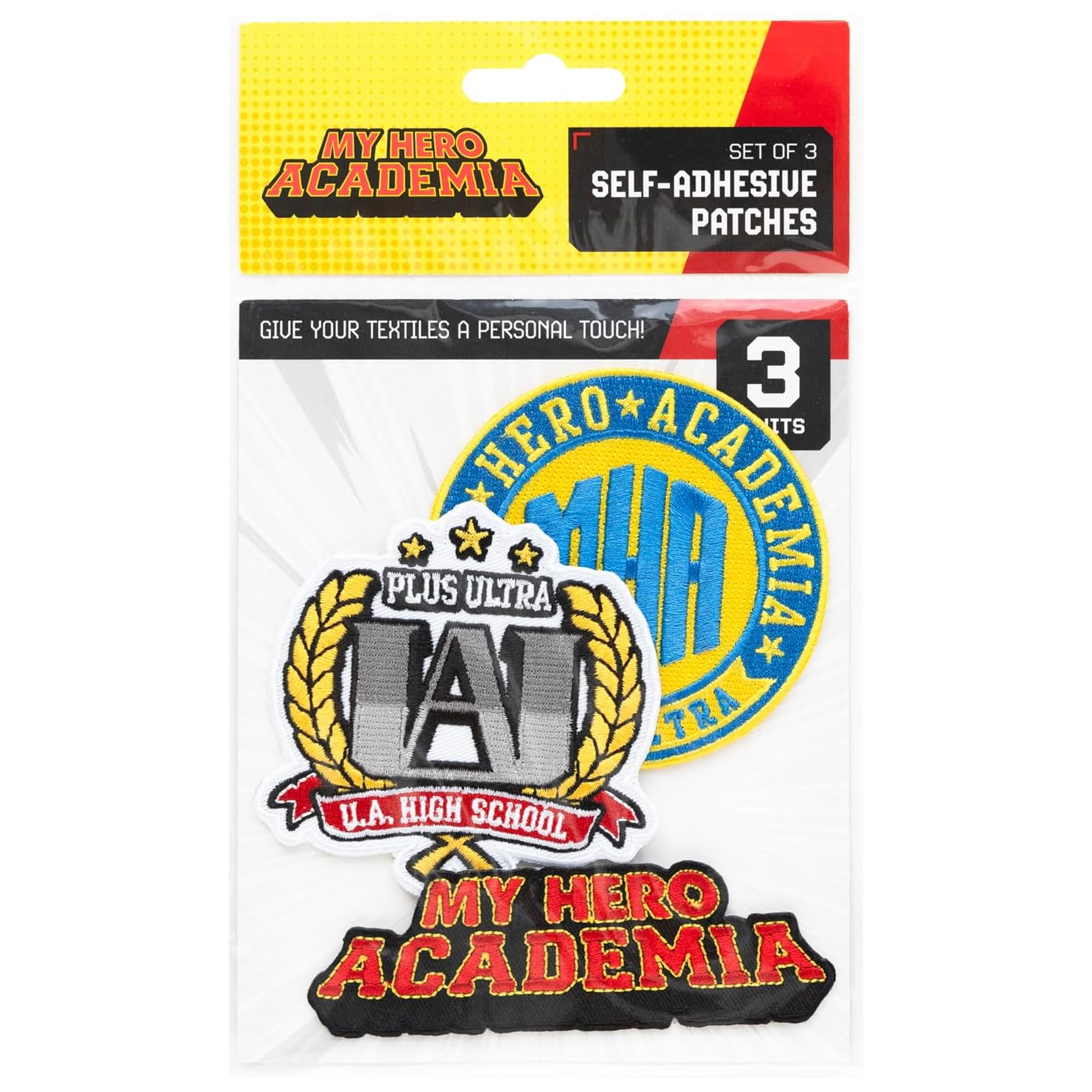 My Hero Academia Iron On Fabric Patches 3 Set in its Packaging | Happy Piranha