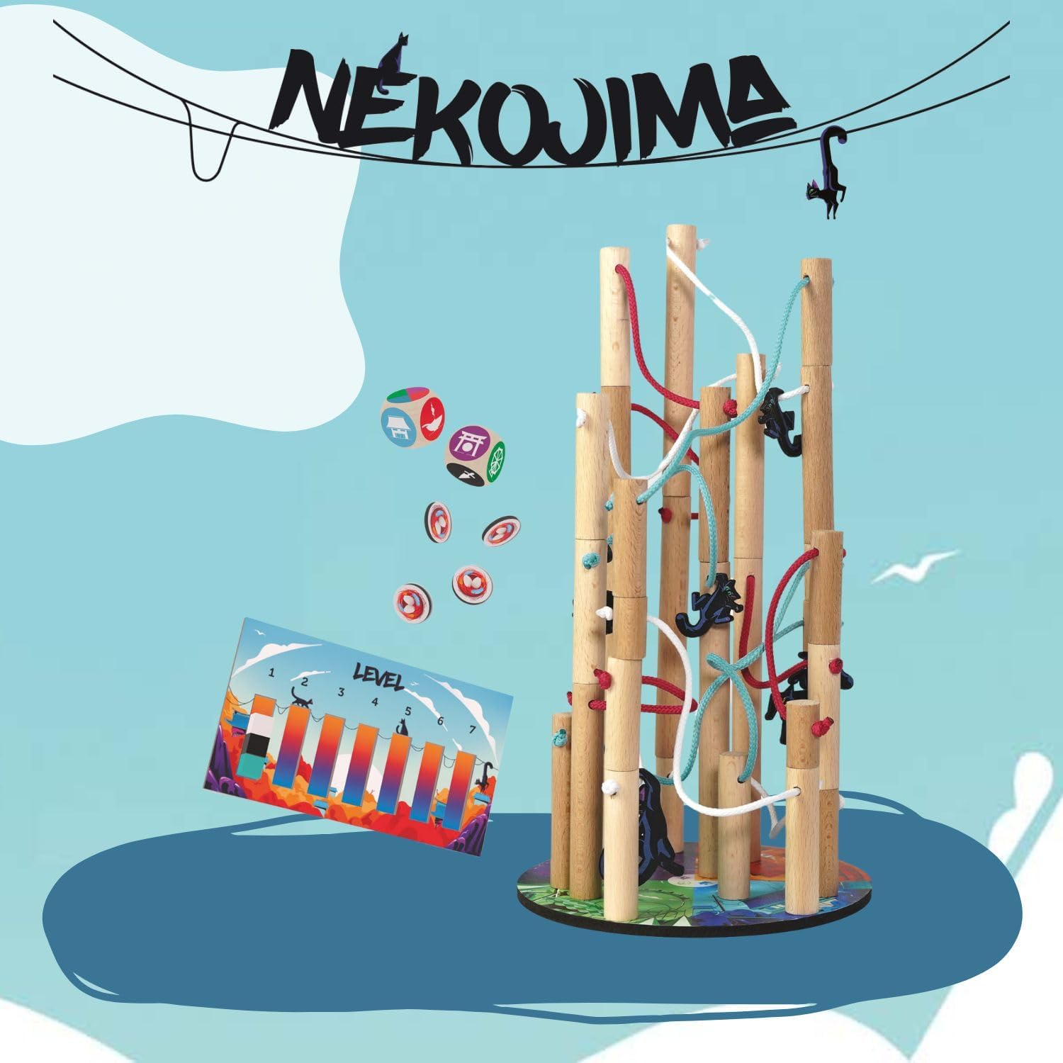 Nekojima 'The Island of Cats': A Balancing Board Game (Set Up Ready to Play on a Blue Background) | Happy Piranha