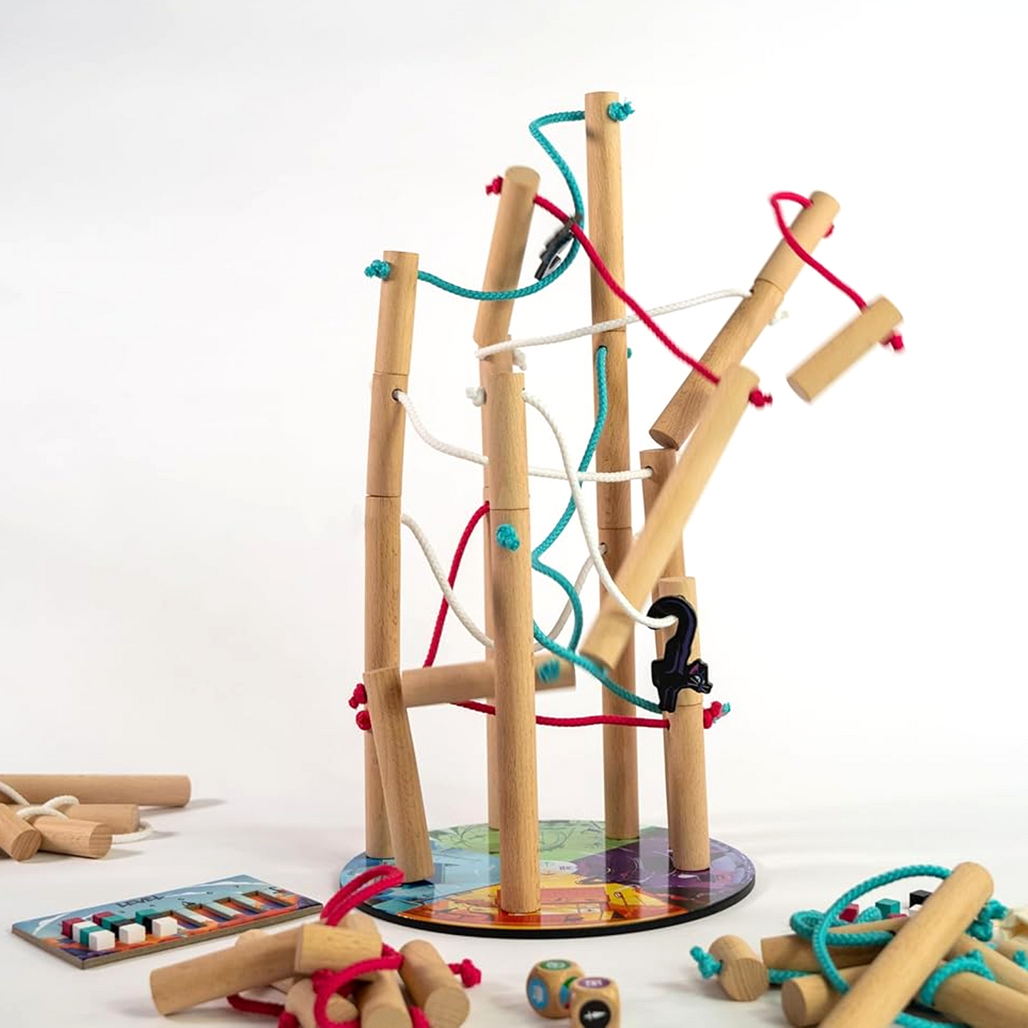 Nekojima 'The Island of Cats': A Balancing Board Game (A Wooden Tower About to Topple Over on a White Background) | Happy Piranha