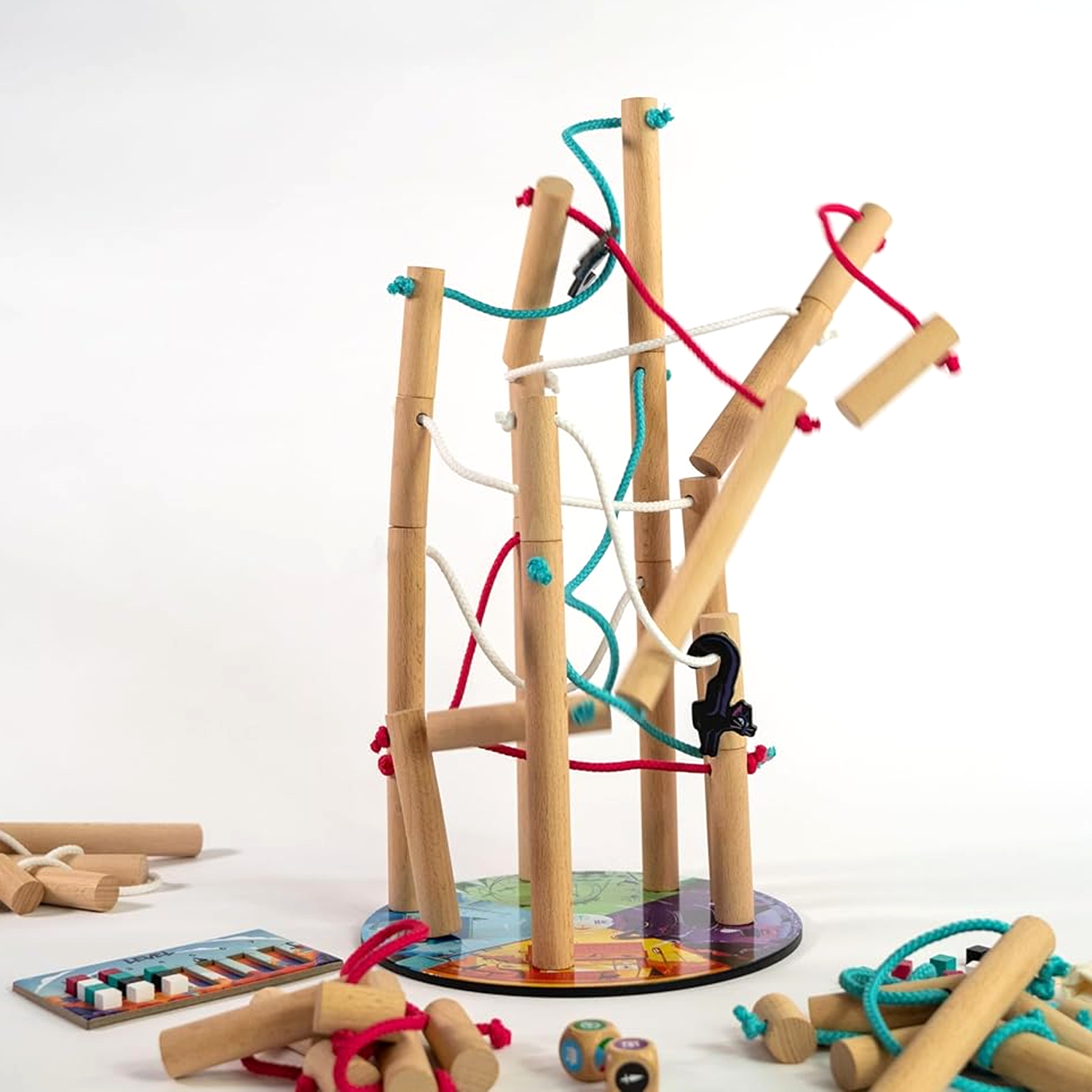 Nekojima 'The Island of Cats': A Balancing Board Game (A Wooden Tower About to Topple Over on a White Background) | Happy Piranha