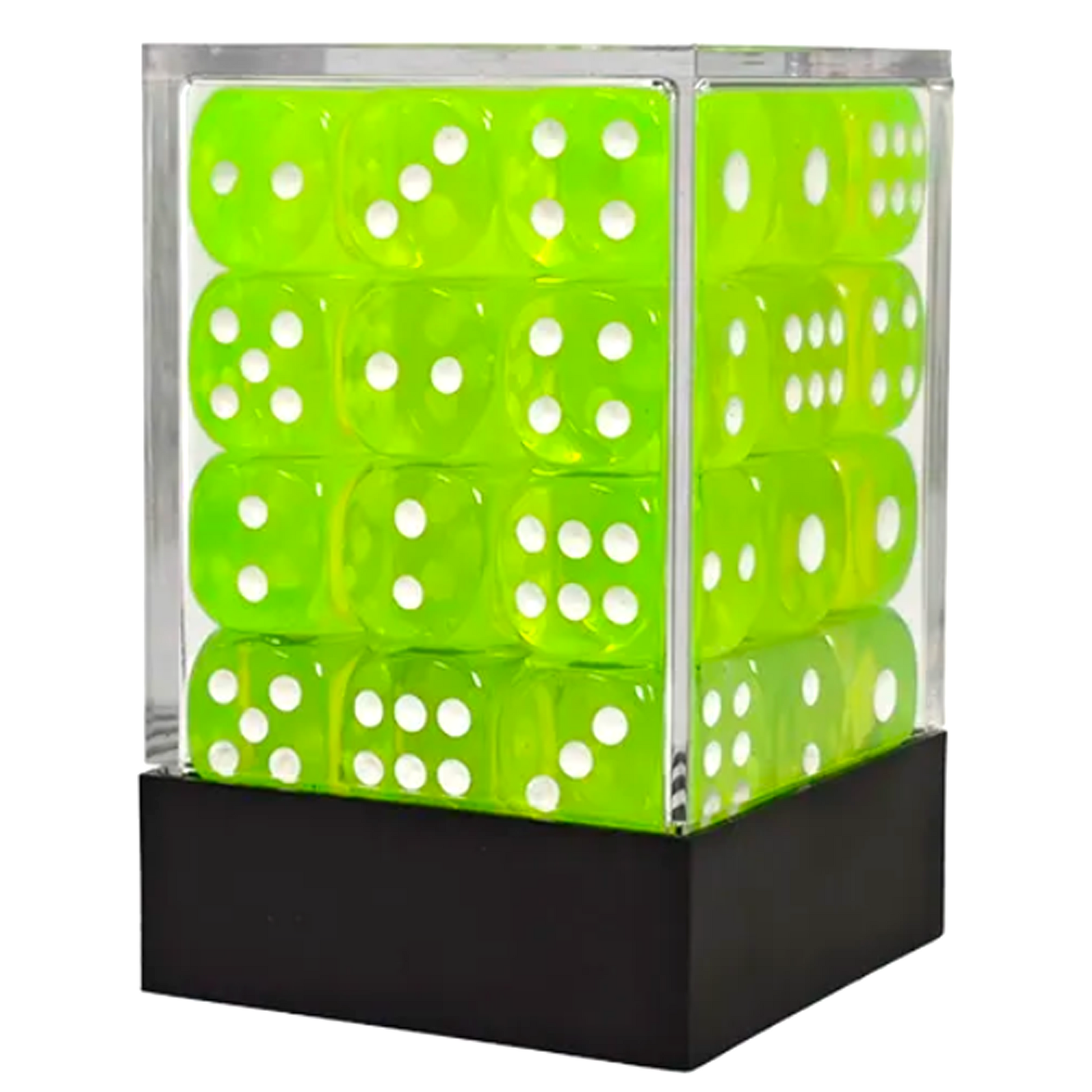 Neon Green Translucent 36 Pip Dice D6 (6 Sided Dice) Box Set o a White Background | Happy Piranha