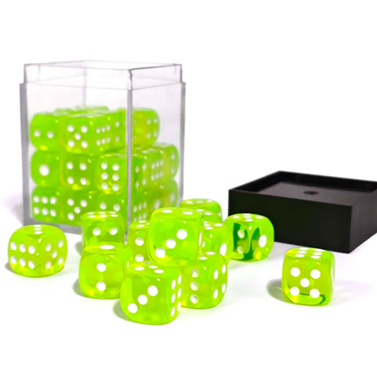 Neon Green Translucent 36 Pip Dice D6 (6 Sided Dice) Box Set With the Lid off and Some Dice Spread on a White Table | Happy Piranha