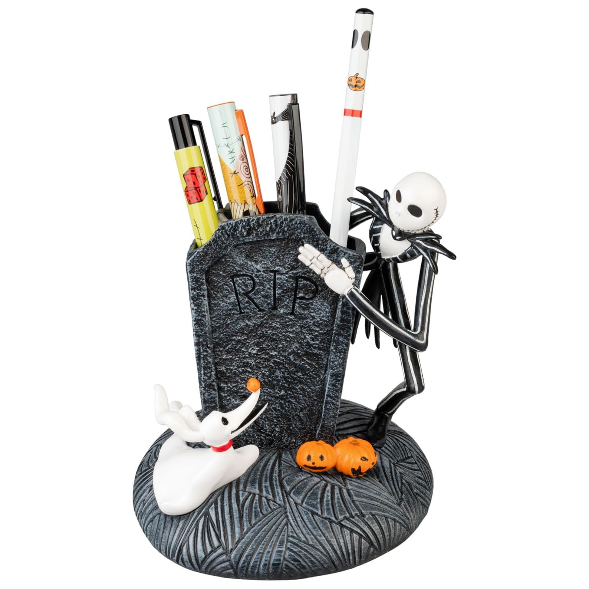 The Nightmare Before Christmas 3D Pen Holder / Desk Tidy With Jack & Zero Standing by a Gravestone on a White Background | Happy Piranha