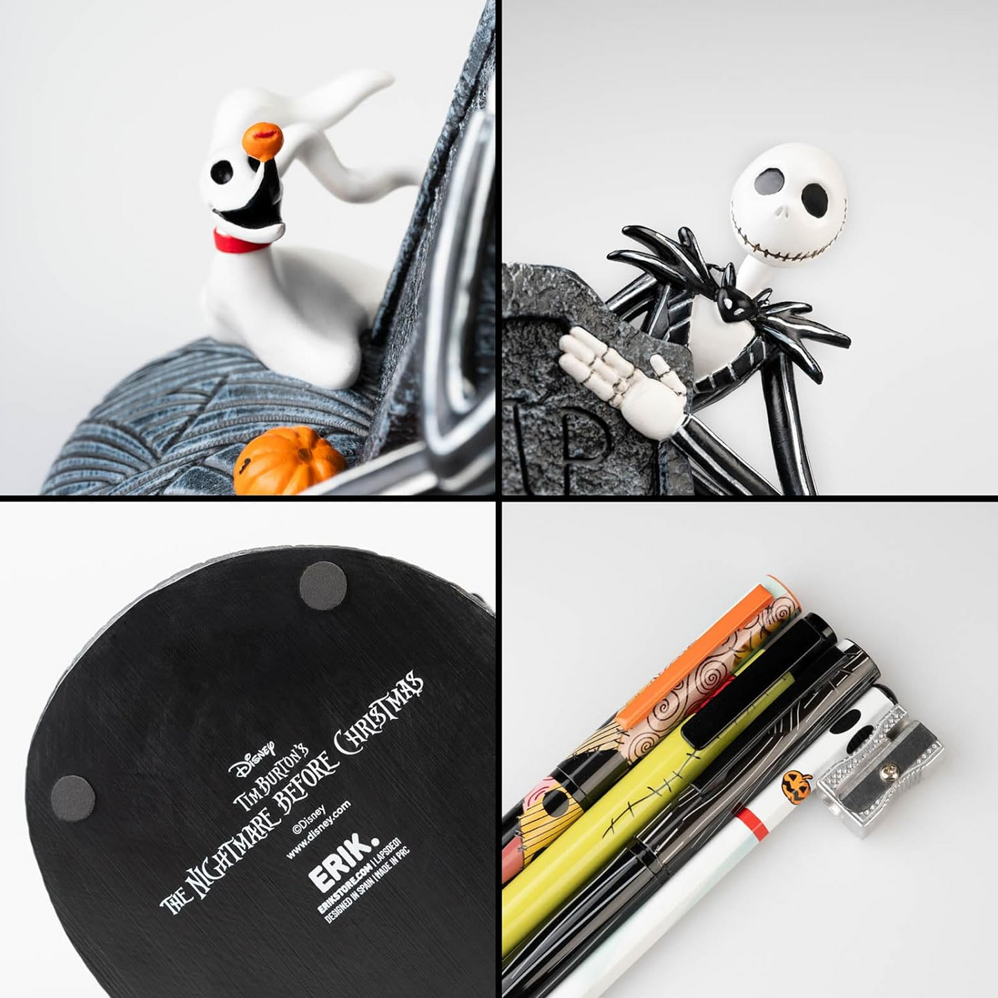 The Nightmare Before Christmas 3D Pen Holder / Desk Tidy With Jack & Zero - 4 Pictures Together Showing the Included Pens, Zero, Jack and The Base| Happy Piranha