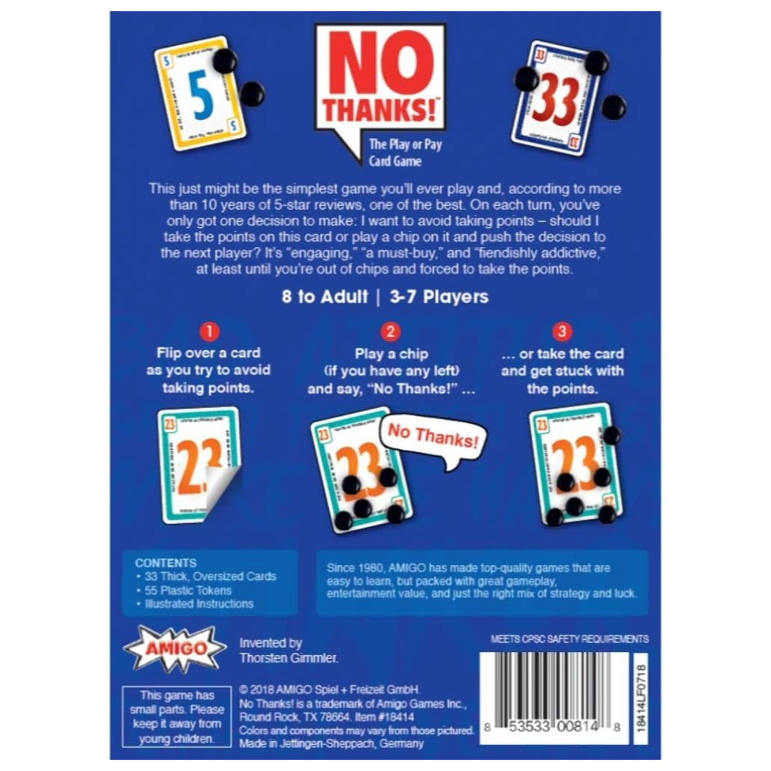 No Thanks! Card Game (Back of Box) on a White Background | Happy Piranha