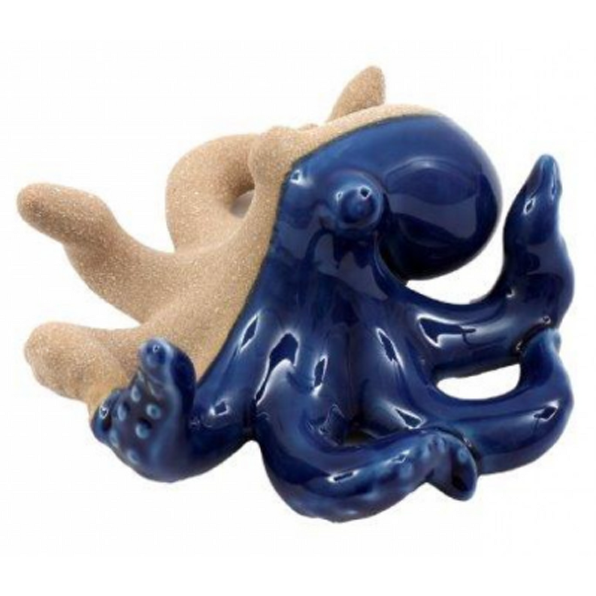 A ceramic octopus figurine with a glossy deep blue glaze and a textured beige sand-like body, shown on a plain white background | Happy Piranha
