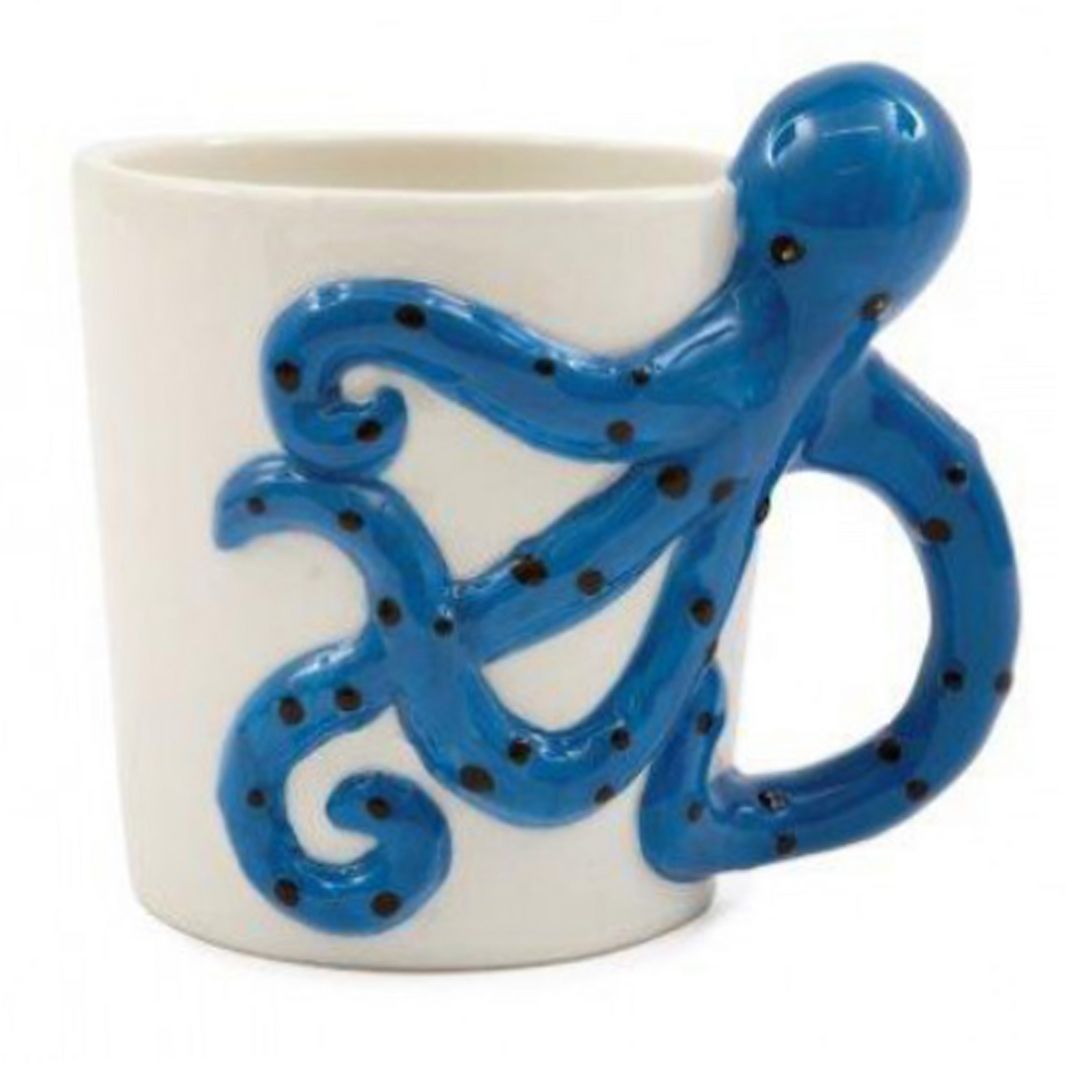 A white ceramic mug featuring a large, three-dimensional blue octopus handle with black polka dots, set against a plain white background | Happy Piranha