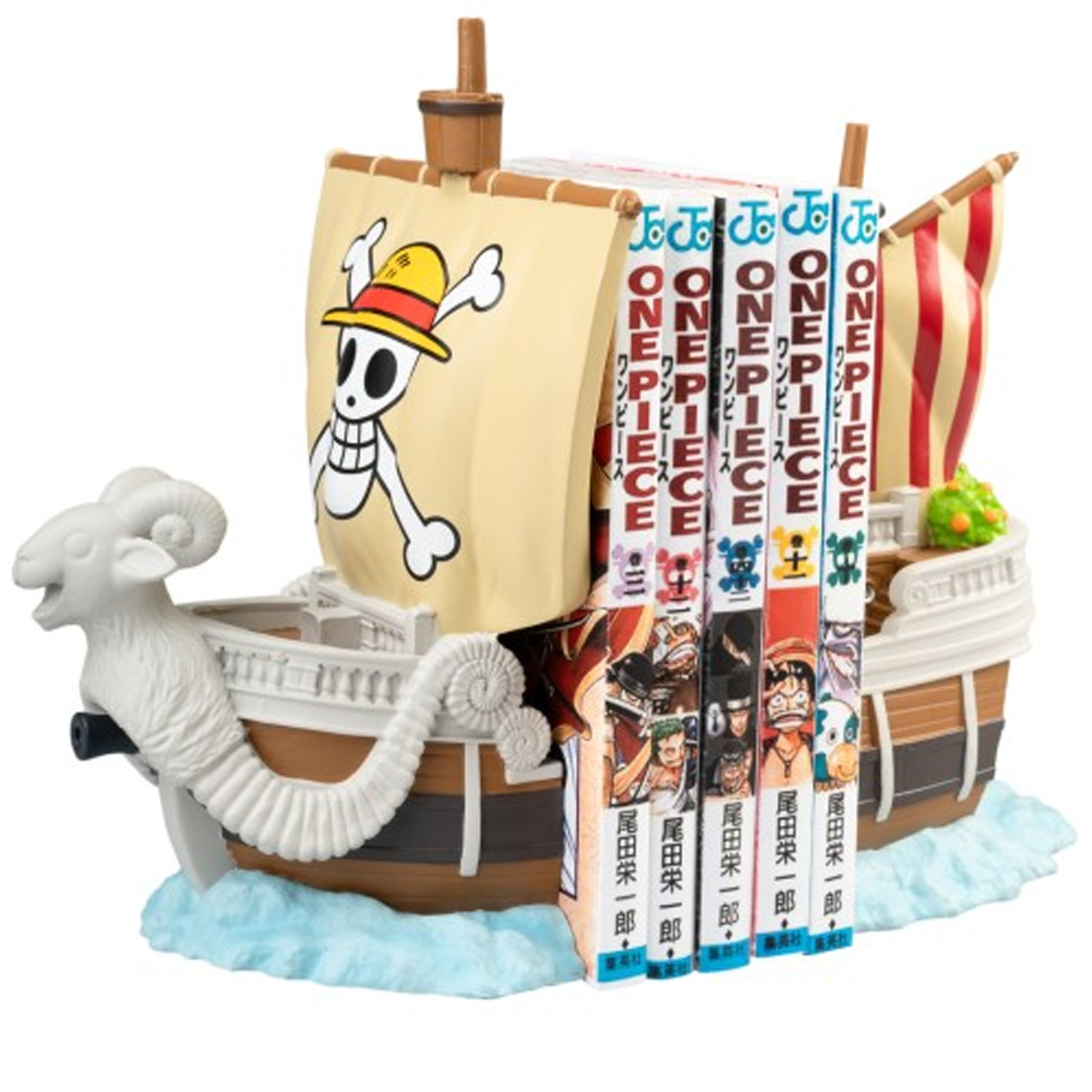 One Piece Going Merry Pirate Ship Bookends with One Piece Manga Books In-between on a White Background | Happy Piranha
