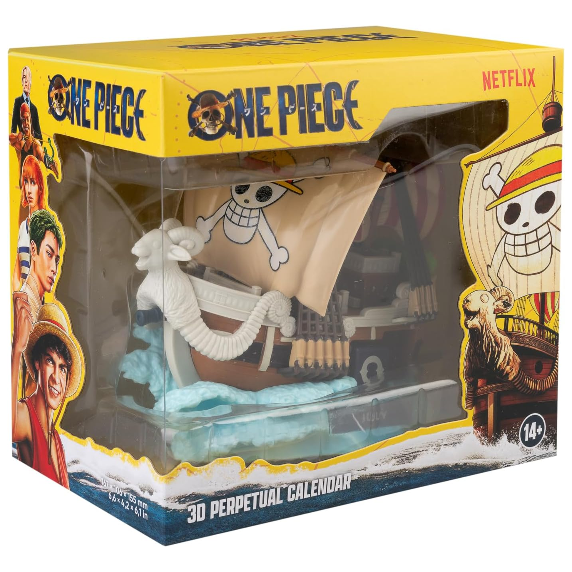 One Piece the Thousand Sunny Pirate Ship 3D Perpetual Calendar in its Yellow Packaging  | Happy Piranha